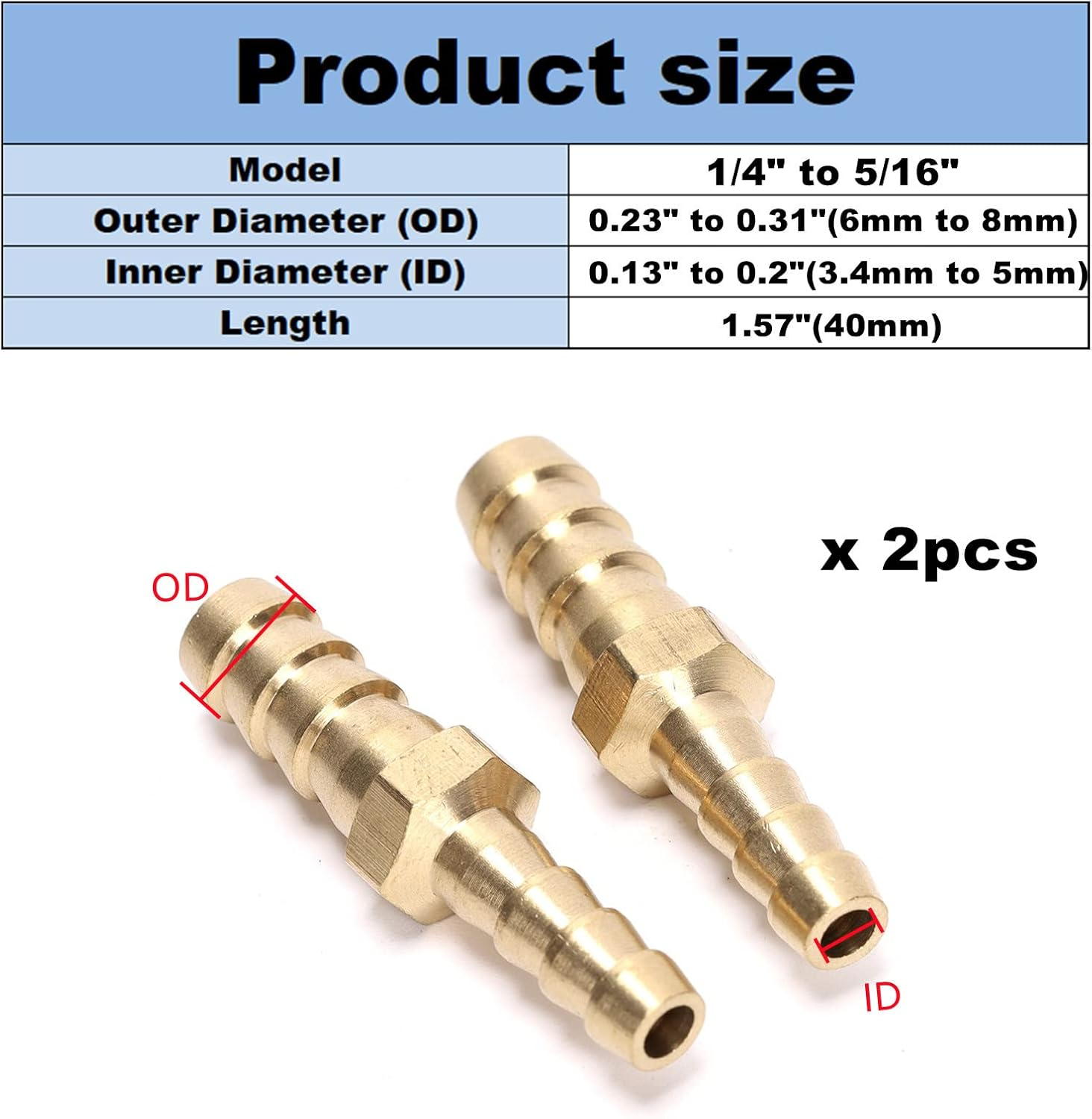 2Pcs Brass Hose Barb OD (1/4" to 5/16") for Air Water Fuel Hose Adapter Joiner Reducer Connector (2Pcs 6Mm-8Mm) image number 1