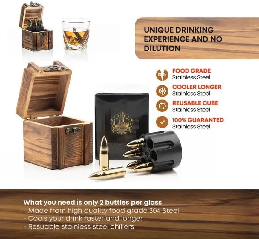 Don Vassie XL Whisky Bullet Chillers 6 Pcs Golden with a Revolver Base and a Wooden Box image number 5