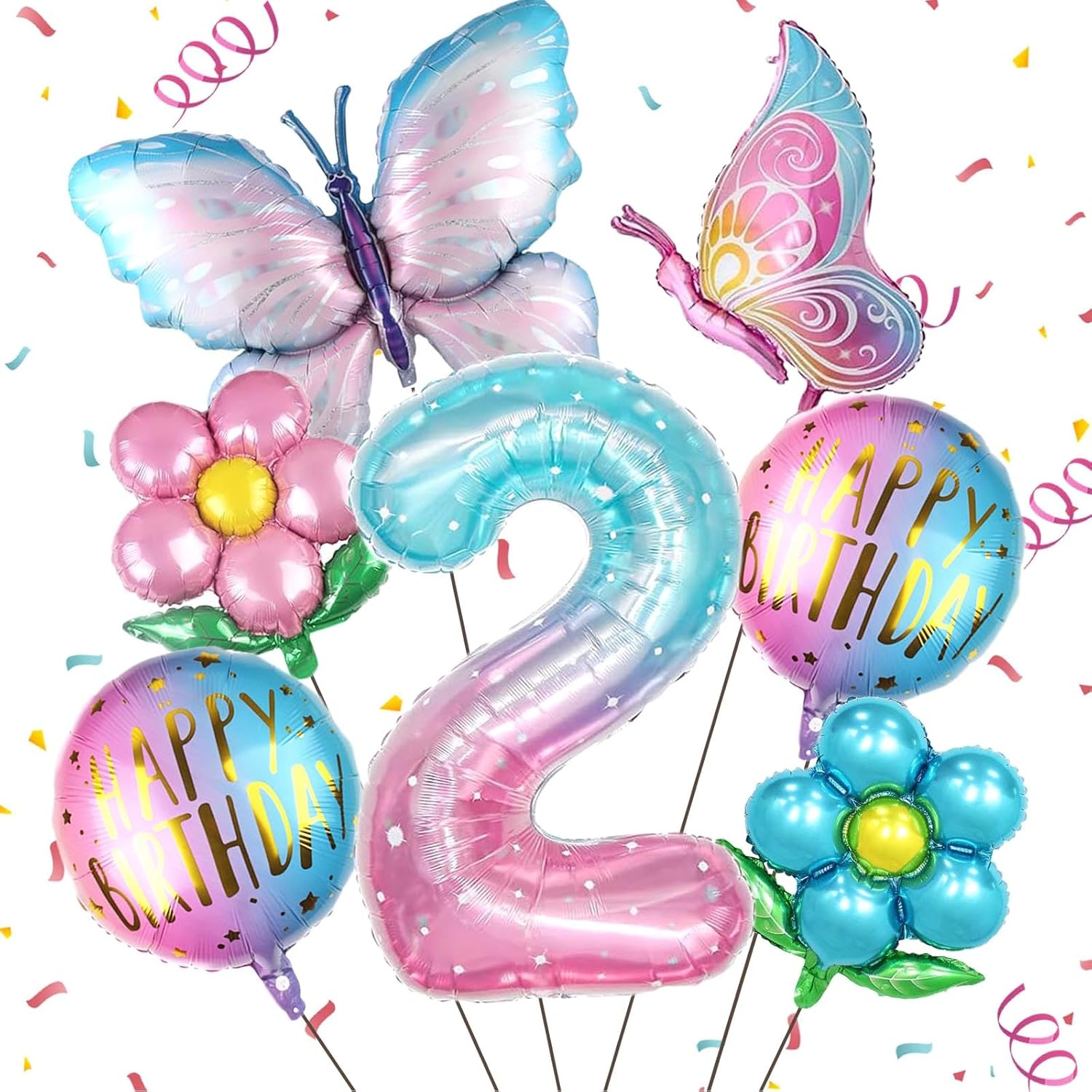 Butterfly Balloons 2Nd Birthday Decorations for Girls Colorful Gradient Pink Butterfly Foil Balloons for Fairy First Birthday Party Baby Shower Decor (Number 2)