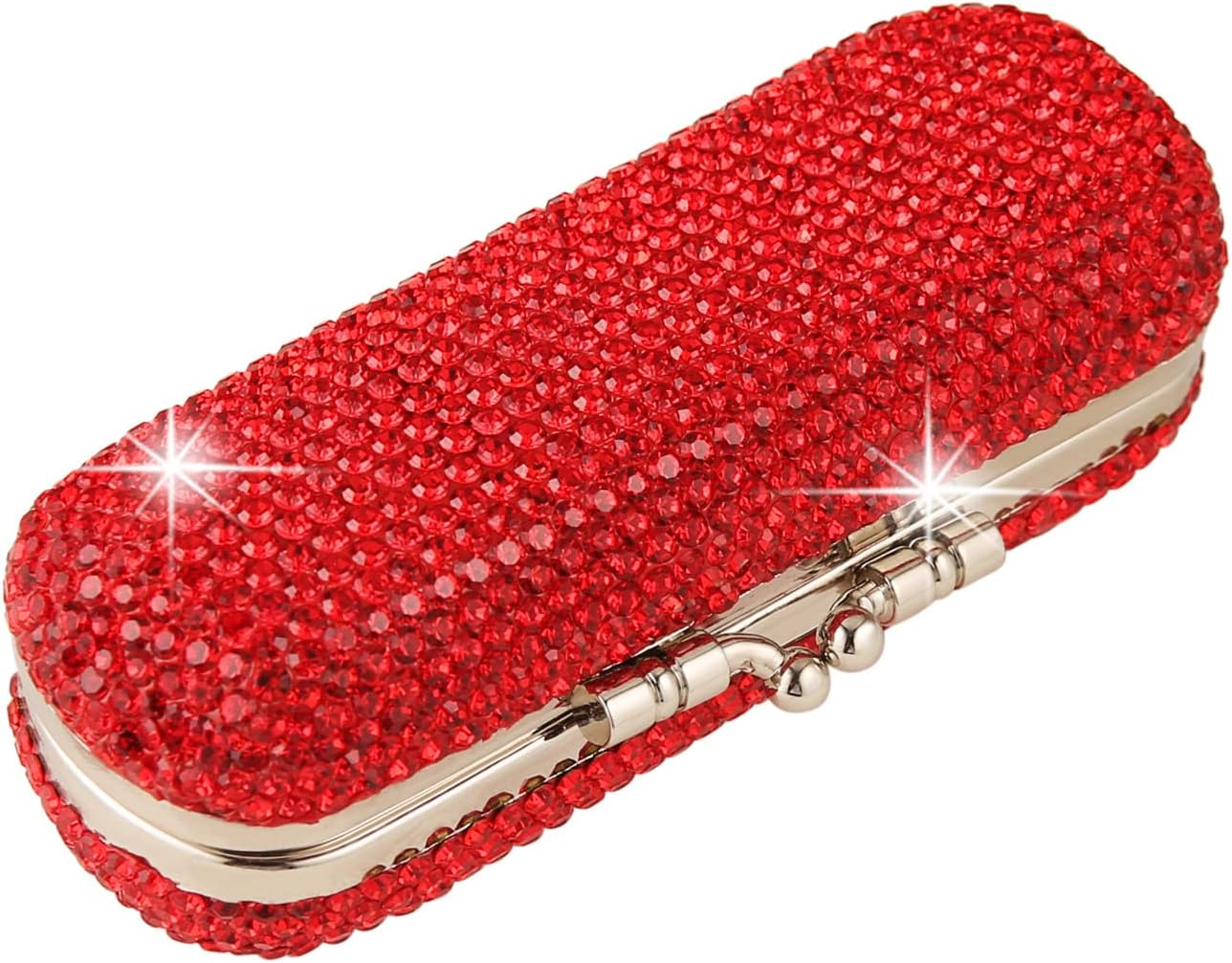 Asalways Shiny Rhinestone Crystal Portable Lipstick Case with Mirror Portable Bling Diamonds Makeup Cosmetic Storage Holder for Travel Ladies Fashion, Red