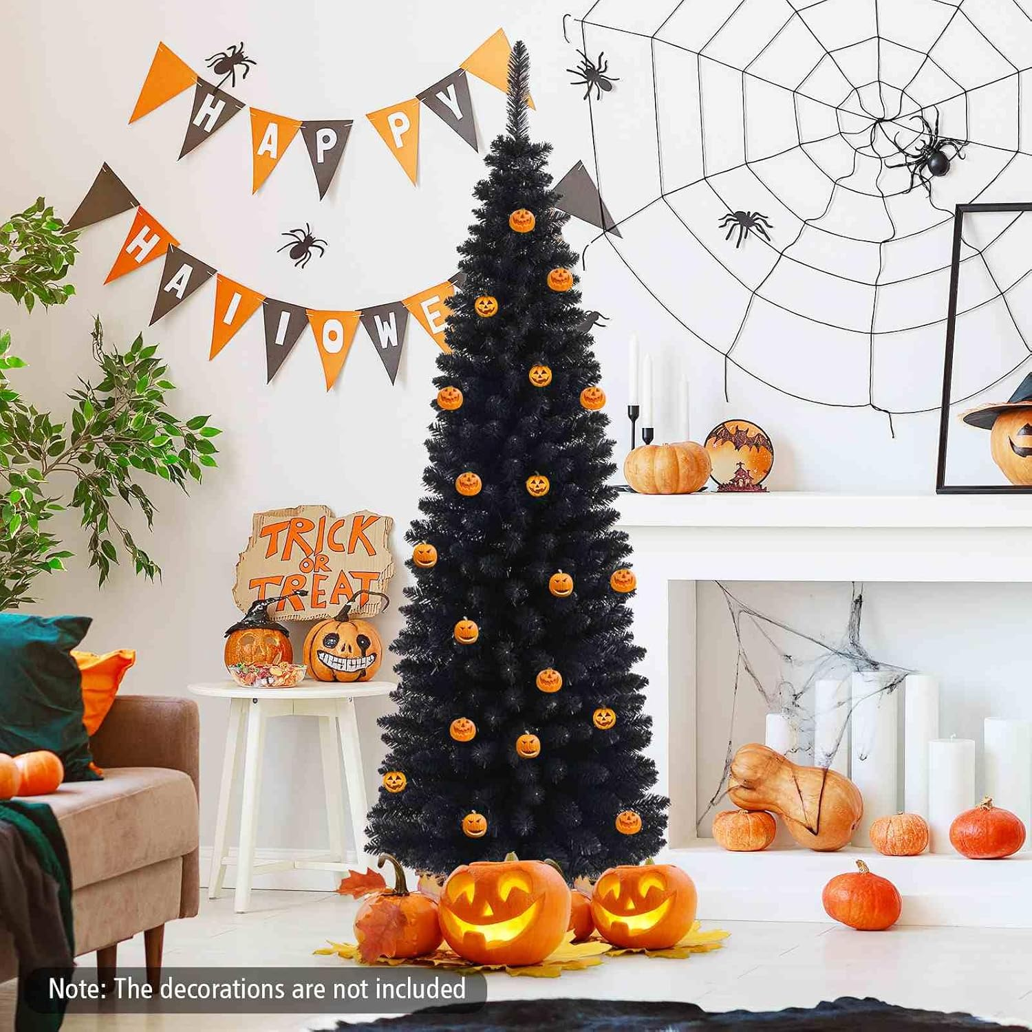 Costway 180 CM Black Artificial Halloween Christmas Tree, Slim Pencil Black Tree W/ 460 Branch Tips, Foldable Metal Stand, Corner Xmas Full Tree Carnival Decoration (180 Cm) image number 5