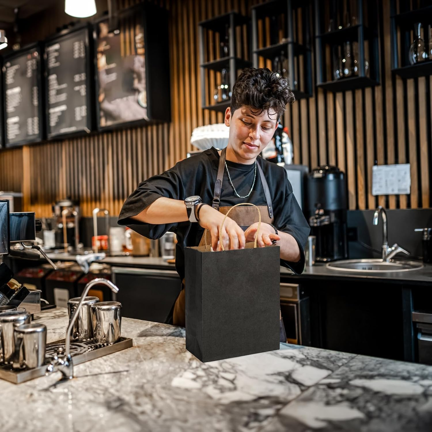 50 Pack Black Kraft Paper Bags with Handles Bulk, Gift Bags, Craft Grocery Shopping Retail Birthday Party Favors Wedding Sacks,Shopping, Business 15 X 8 X 21Cm image number 3