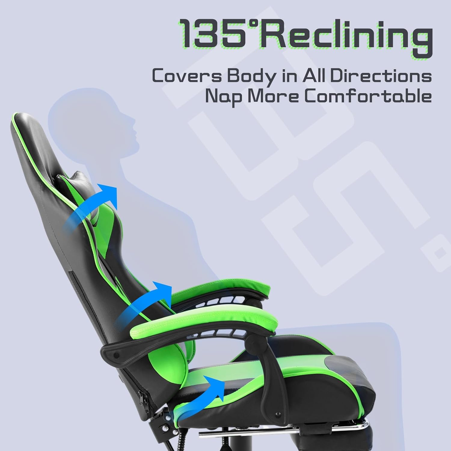 PU Leather Ergonomic Gaming Chair with Footrest Computer Racing Chair Reclining Executive Office Chair Desk Chair for Adults Teens in Green & Black image number 6