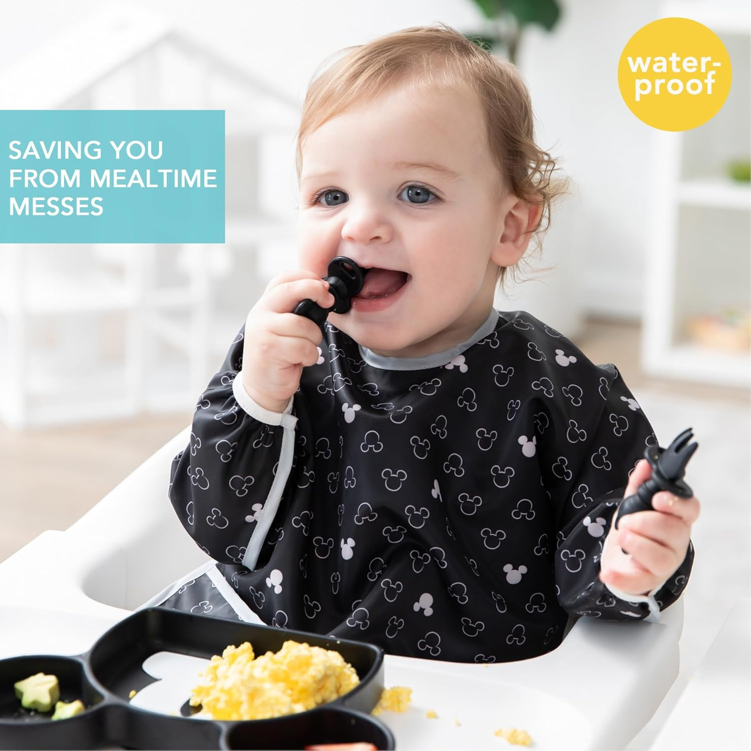 Bumkins Disney Bibs, Baby and Toddler Girls and Boys 6-24 Months, Long Sleeve, Essential Must Have for Eating, Feeding, Mess Saving Lightweight Waterproof Fabric Sleeved Smock, Mickey Mouse Icon image number 5