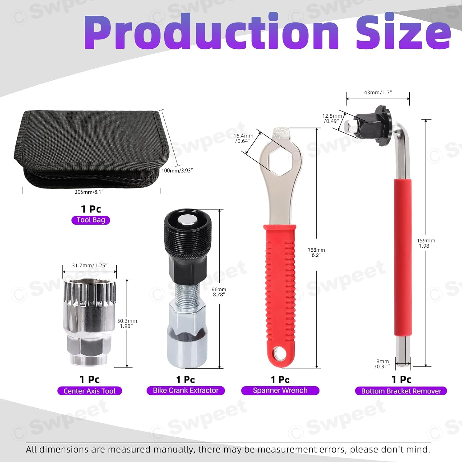 Swpeet 6Pcs Steel Bicycle Repair Tool Kit, Portable Emergency Accessories, Includes Bike Crank Extractor, Bottom Bracket Remover, 16Mm Spanner Wrench, Allen Wrench, Square Nut, Portable Bag image number 3