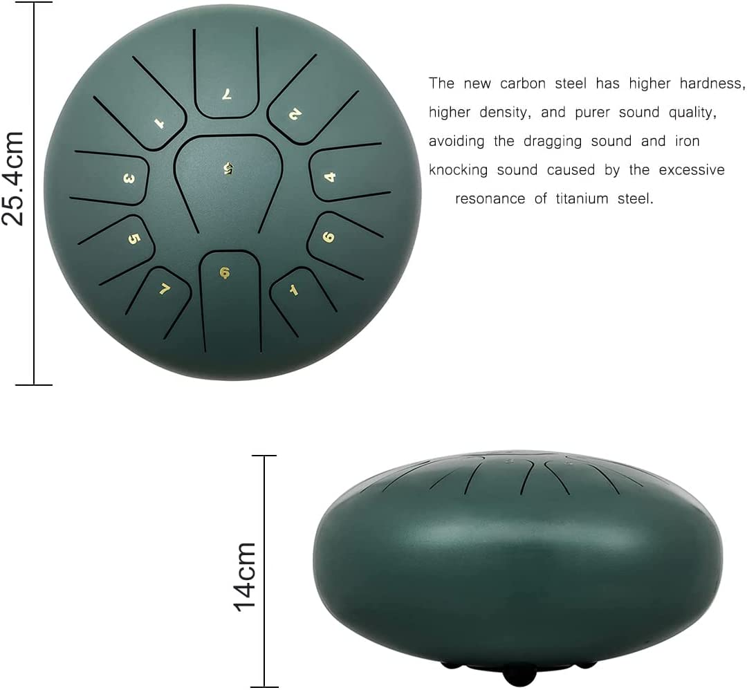 Steel Tongue Drum 10 Inches 11 Notes, Percussion Instrument for Adult Kids, Handpan Drum with Carry Bag, Music Book & Drum Mallets - Green image number 2