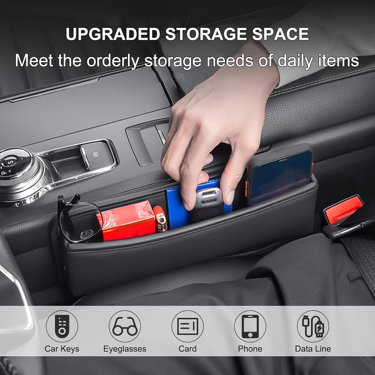 Elegananccy 2 Pack Car Seat Gap Filler Organizer, Adjustable Leather Car Seat Storage Box for Phones, Glasses, Keys, Cards (Black) image number 1