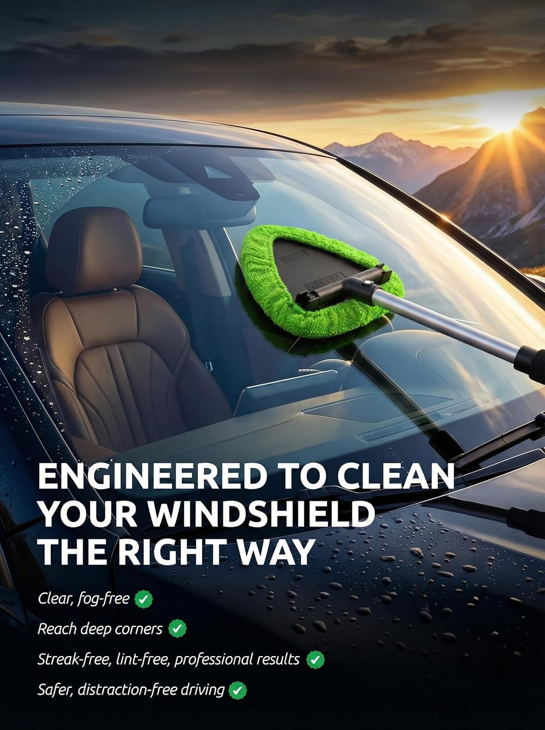 TAKAVU Car Window Cleaning Tool, Windshield Wiper Cleaner with Extendable Long-Reach Handle, 3 Washable Reusable Microfiber Bonnets, Car & Home inside Interior Exterior Use - Lint Free (Green) - Black  Red image number 3