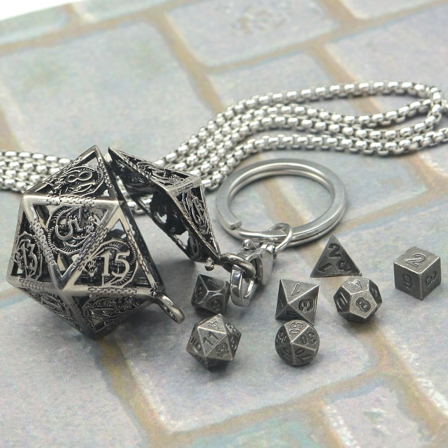 PJOY Mini Dice Set Tiny DND Dice with Necklace Stailess Steel Case D&D Portable 7PCS Keychain Metal Dice Set for Role Playing Dice Games as Dungeons and Dragons Gifts, Metal, No Gemstone image number 2