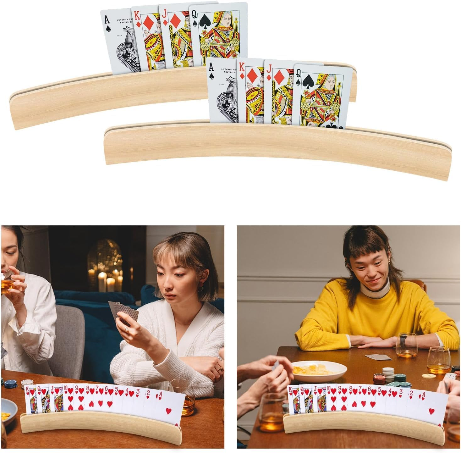 Set of 2 - Wood Bent Playing Cards Holder Solid Wood Card Holder Play Card 13 "Tray Holder Organizer with Extended Base Stable Enough Card Holder Card Game for Kids, Adults, Small Hands, Seniors image number 4
