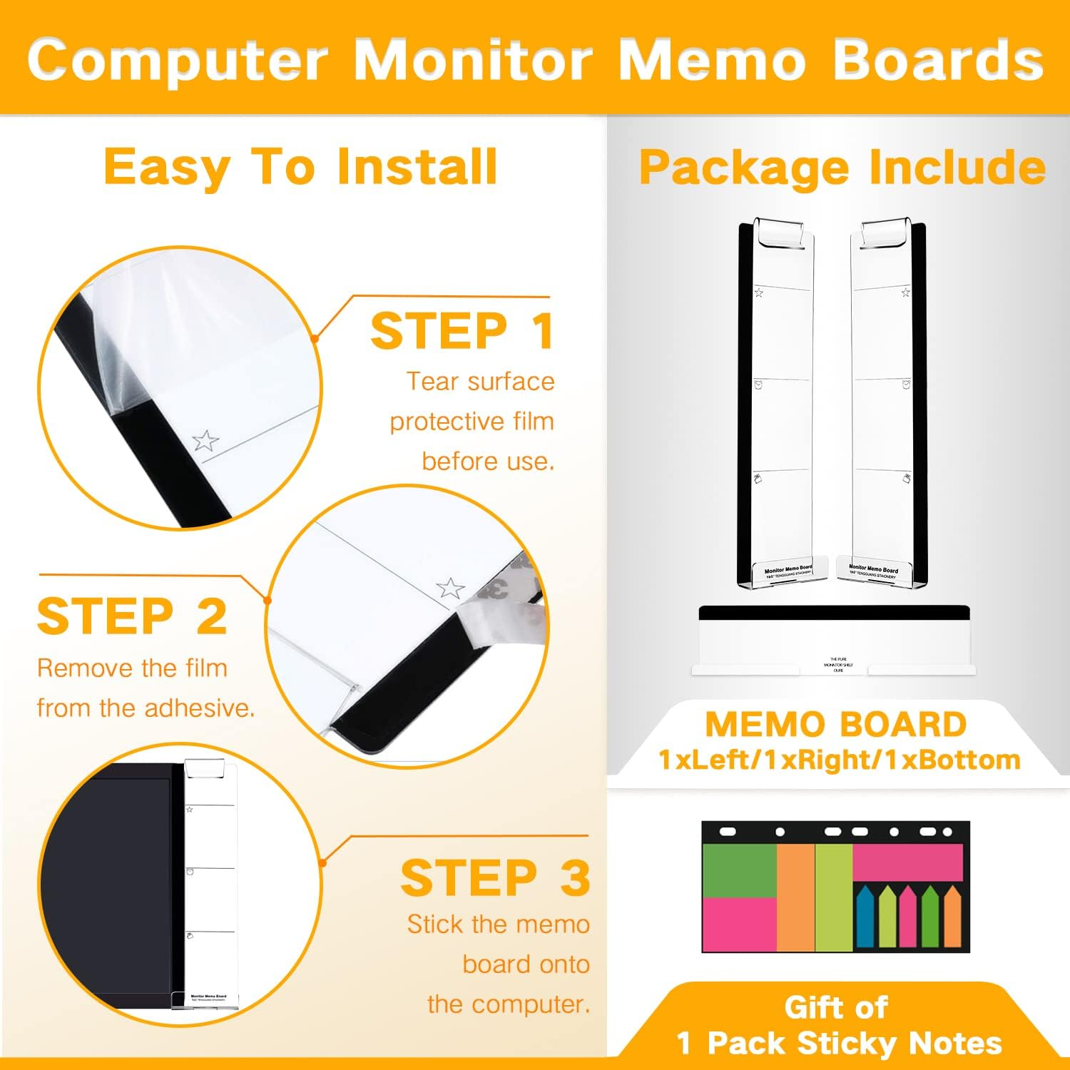 Monitor Memo Boards for Computer, Set of 3 (Left & Right & Bottom) Multifunction Acrylic Screen Message Reminder Pad Side Panels Phone Holder - Utility Organizer for Office Desktop, with Sticky Notes image number 2