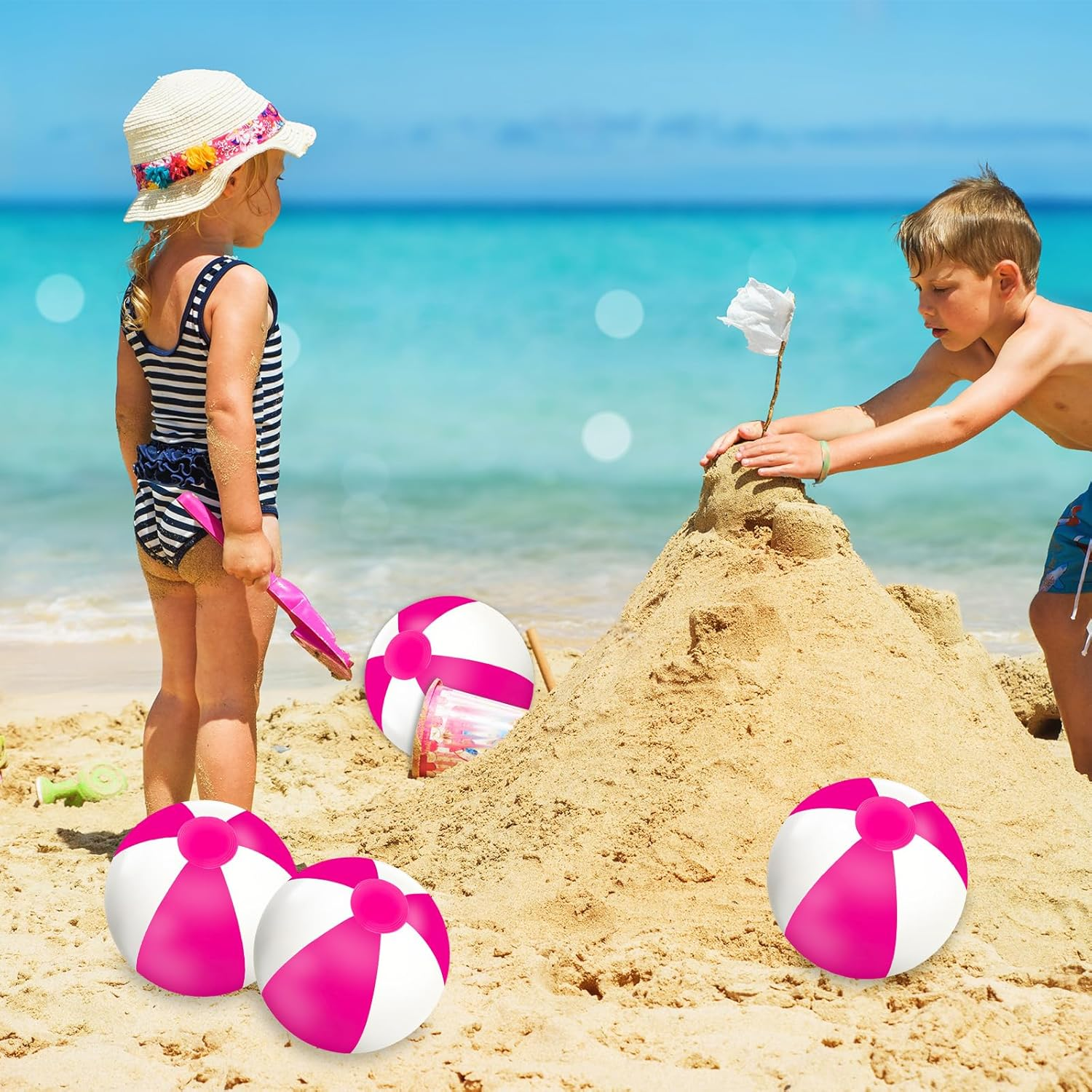 Whaline 3Pcs Inflatable Beach Ball 16'' round Pool PVC Balls Cute Game Toys for Summer Hawaiian Tropical Theme Beach Party Decor image number 3