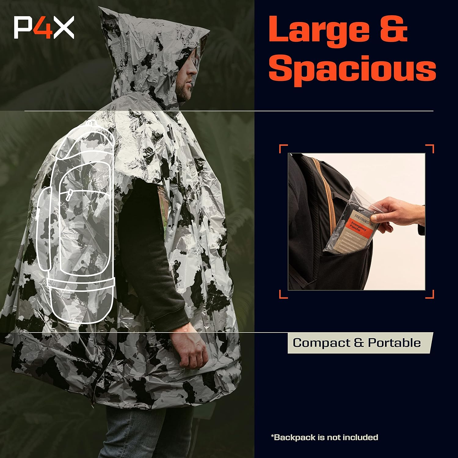 PREPARED4X Emergency Rain Poncho with Mylar Blanket Liner - Survival Blankets for Car - Heavy Duty, Waterproof Camping Gear, Tactical Prepper Supplies&ndash; image number 6