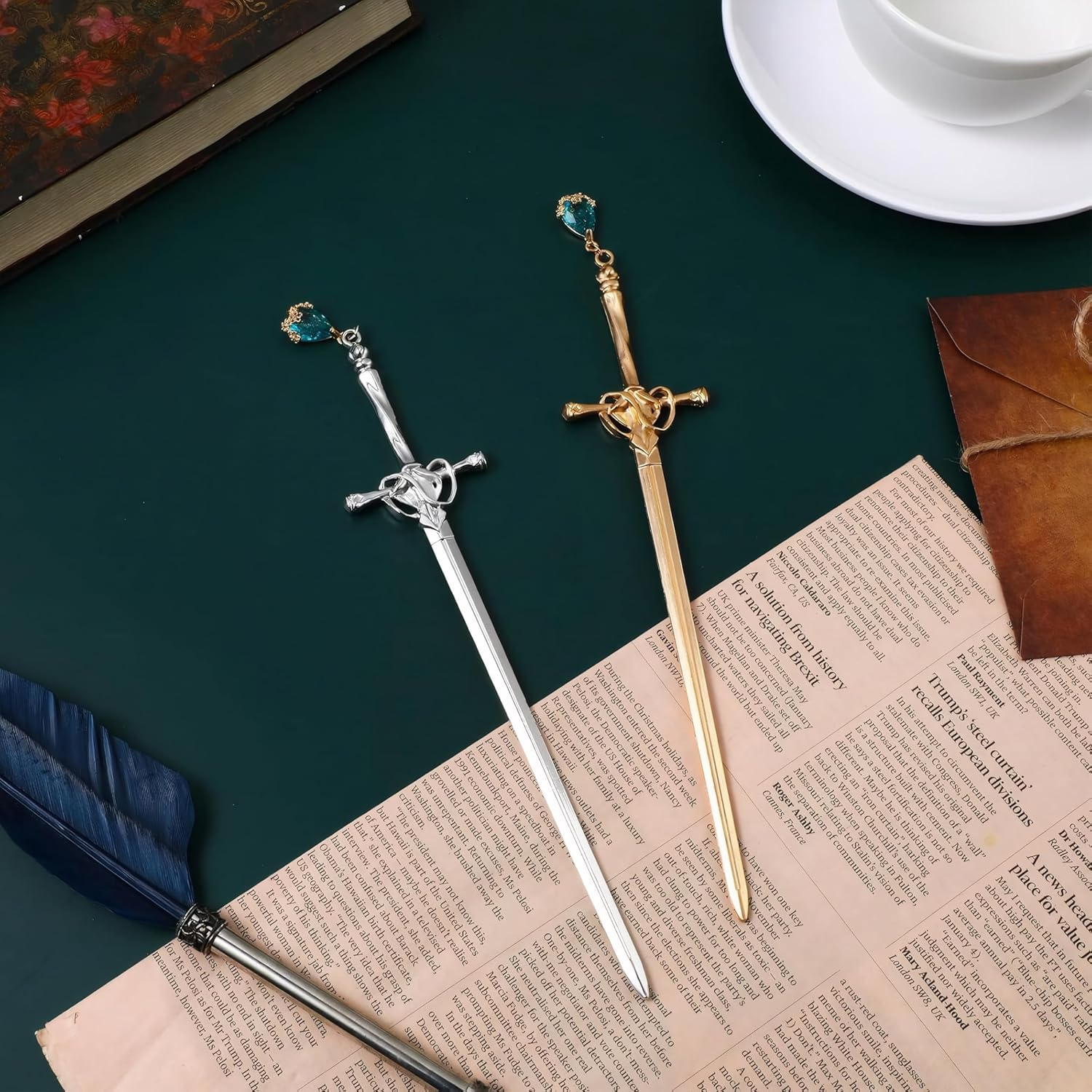 Metal Sword Bookmarks - Premium Stainless Steel Bookmark with Glass Pendant, Vintage Dual-Tone Gift Set (2 Pack)
