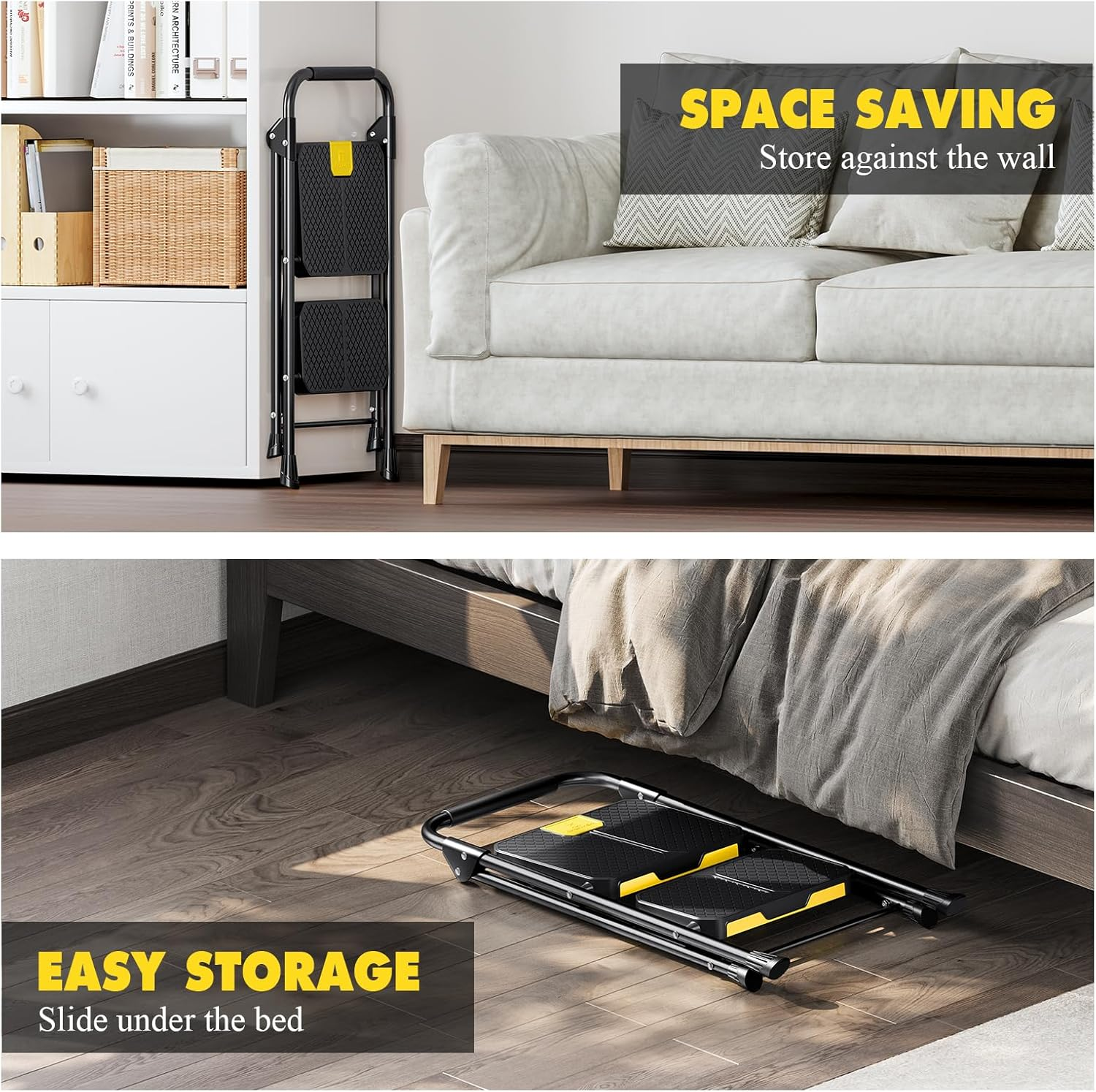 KINGRACK 2 Step Ladder, Sturdy Steel Folding Step Stool with Safe-Lock Design, Handrail, Anti-Slip Wide Pedals, Pass 150 KG Load Testing, Portable Stepladder for Multi-Purpose, Home, Kitchen, Black image number 5