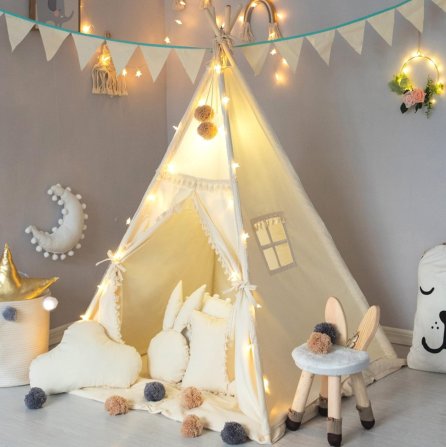 Kids Teepee Tent with Padded Mat, Banner, Fairy Lights, Yarn Ball, Carry Bag, Beige Cotton Canvas Play Tent for Child with Tassels Lace, Play House Tipi for Kids Room Decor image number 5