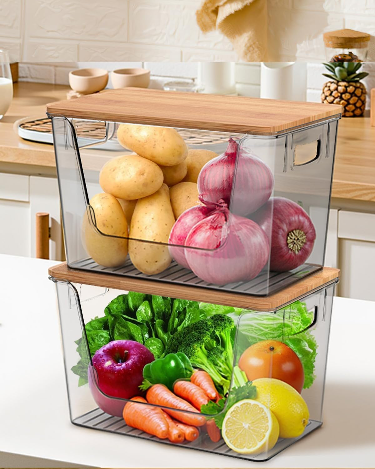 Pack of 4 Potato and Onion Storage, Stackable Pantry Organizers and Storage, Clear Fruit and Vegetable Storage with Bamboo Lid, for Produce Such as Potatoes, Onions, Fruit and Vegetable Storage