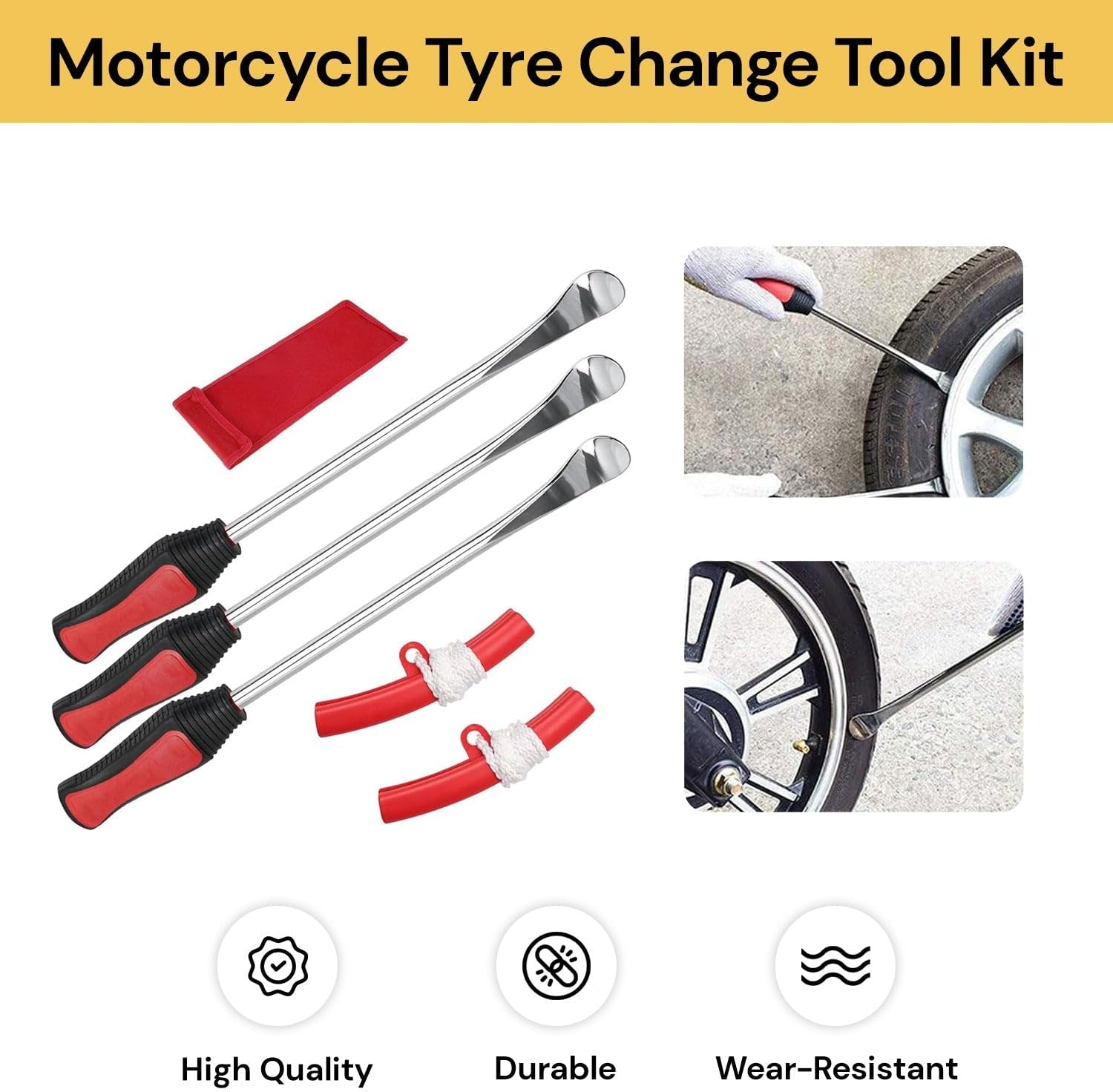 EZONEDEAL 5 in 1 Tire Levers Spoon Set - 3 Tire Lever Tool Spoon + 2 Wheel Rim Protectors Tool Kit for Motorcycle Bicycle Bike Car Tire Changing Removing-Red, Tire Repair Kit image number 4