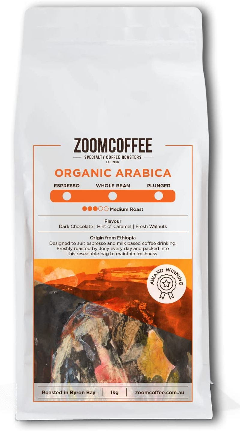 Zoom Coffee Organic Arabica, Premium Single Origin Medium Roast Wholebeans from Ethiopia, 1Kg, Ideal for Espresso Coffee Machines, Tasting Notes of Dark Chocolate, Hint of Caramel, Fresh Walnuts image number 0