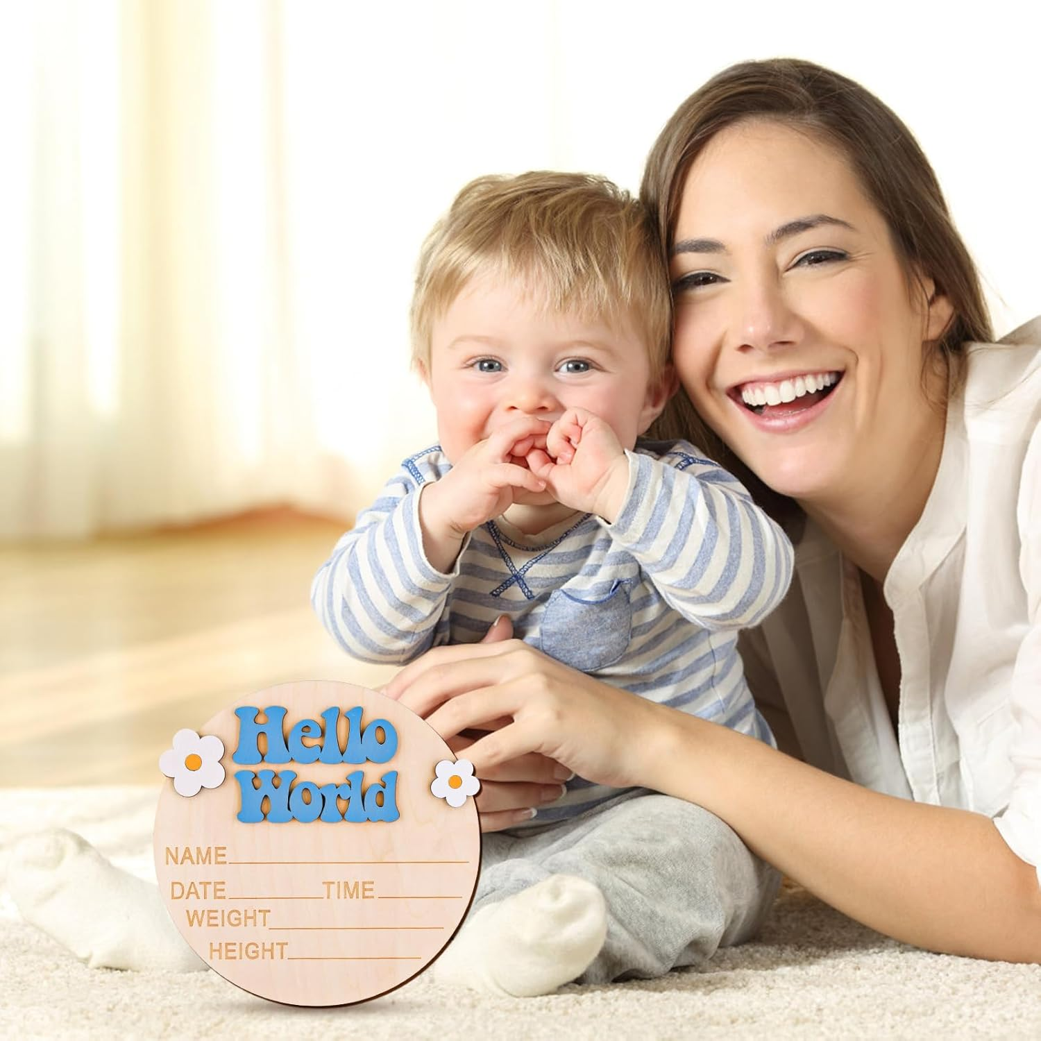 Wooden Baby Announcement Sign, 5.91 Inch Cute Hello World Newborn Sign with Flower Decor, New Baby Plaque Birth Announcement Sign for Hospital New Parents Baby Shower image number 3