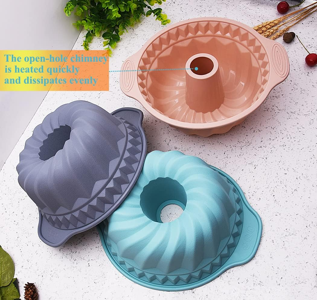 Kenond Silicone Fluted Pans, Non-Stick with Sturdy Handle, Baking Molds, Perfect Bakeware for Cake, Jello, Gelatin, Bread, Para Gelatinas, 9.5 Inch (Blue)