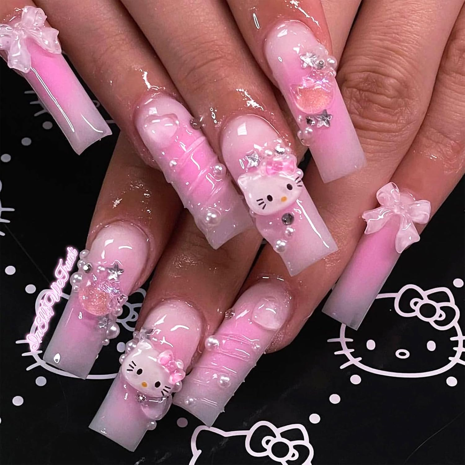 24PCS French Pink Kitty Press on Nails,Cute Kawaii 3D False Nails,Cartoon Y2K Long Length with Pearl and Bow Design,Trapezoid Coffin Fake Nails,Glossy and Full Cover Acrylic Nails for Women image number 1