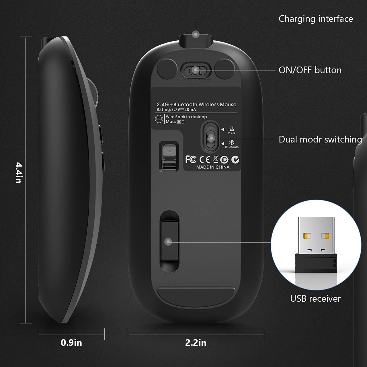 Bluetooth Mouse, Akrobo Rechargeable Wireless Mouse with Dual Mode (Bluetooth 5.1 + 2.4G Wireless),Ergonomic Portable Silent Computer Mouse for Laptop Android Windows Mac OS, Gray image number 5