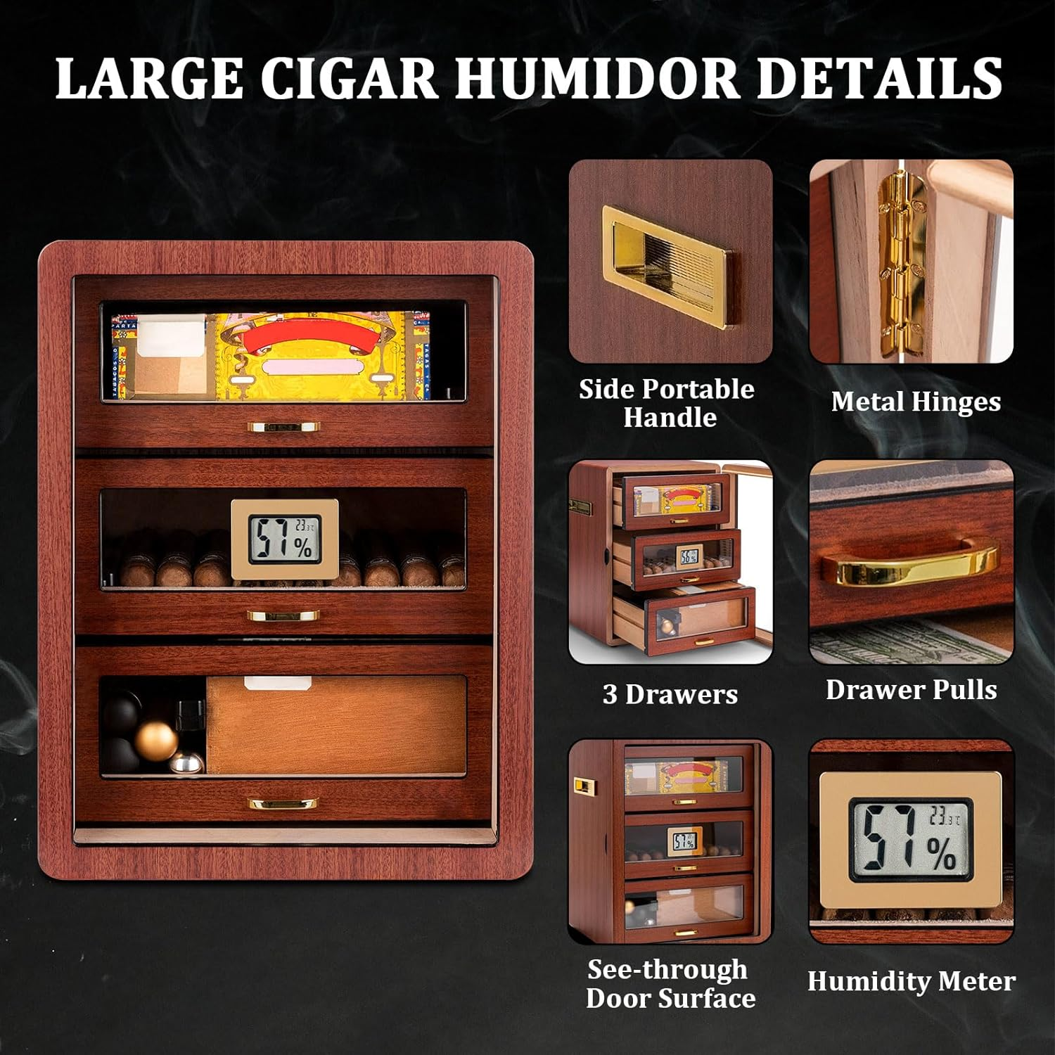 CIGARLOONG Cigar Humidor Cedar Wood 3 Drawers with Hygrometer and Humidifier Hidden Handle Moisturizing Box,Holds 100 Cigars Large Indoor Humidor(Brown2) image number 2