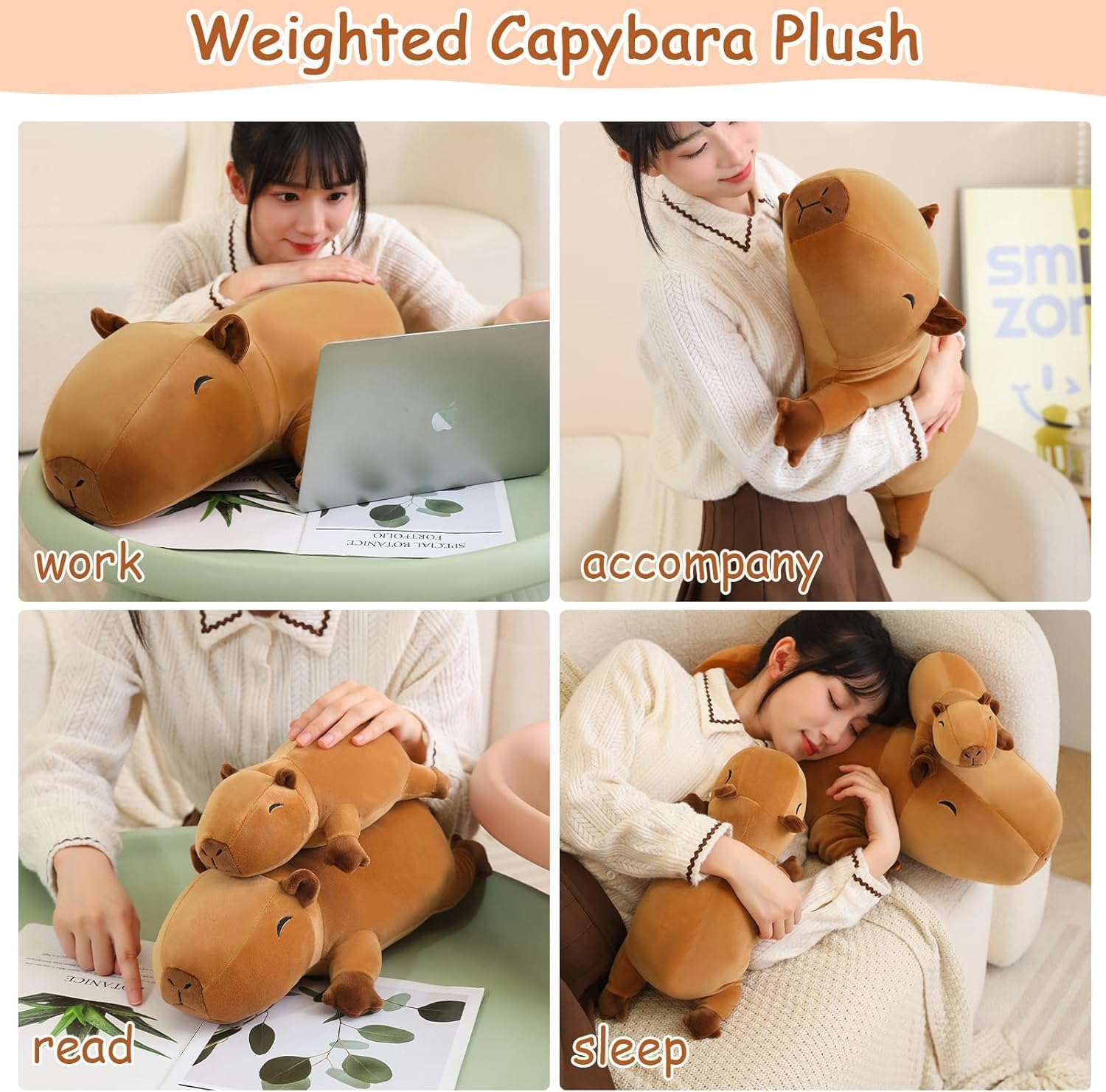 SQEQE Weighted Plush Capybara, Weighted Stuffed Animal for Anxiety, Cute Plushies Soft Pillow Toy Gifts for Kids Adults Christmas & Easter Family Gifts, Children'S Day Presents, 60 CM, 1.4 KG image number 4