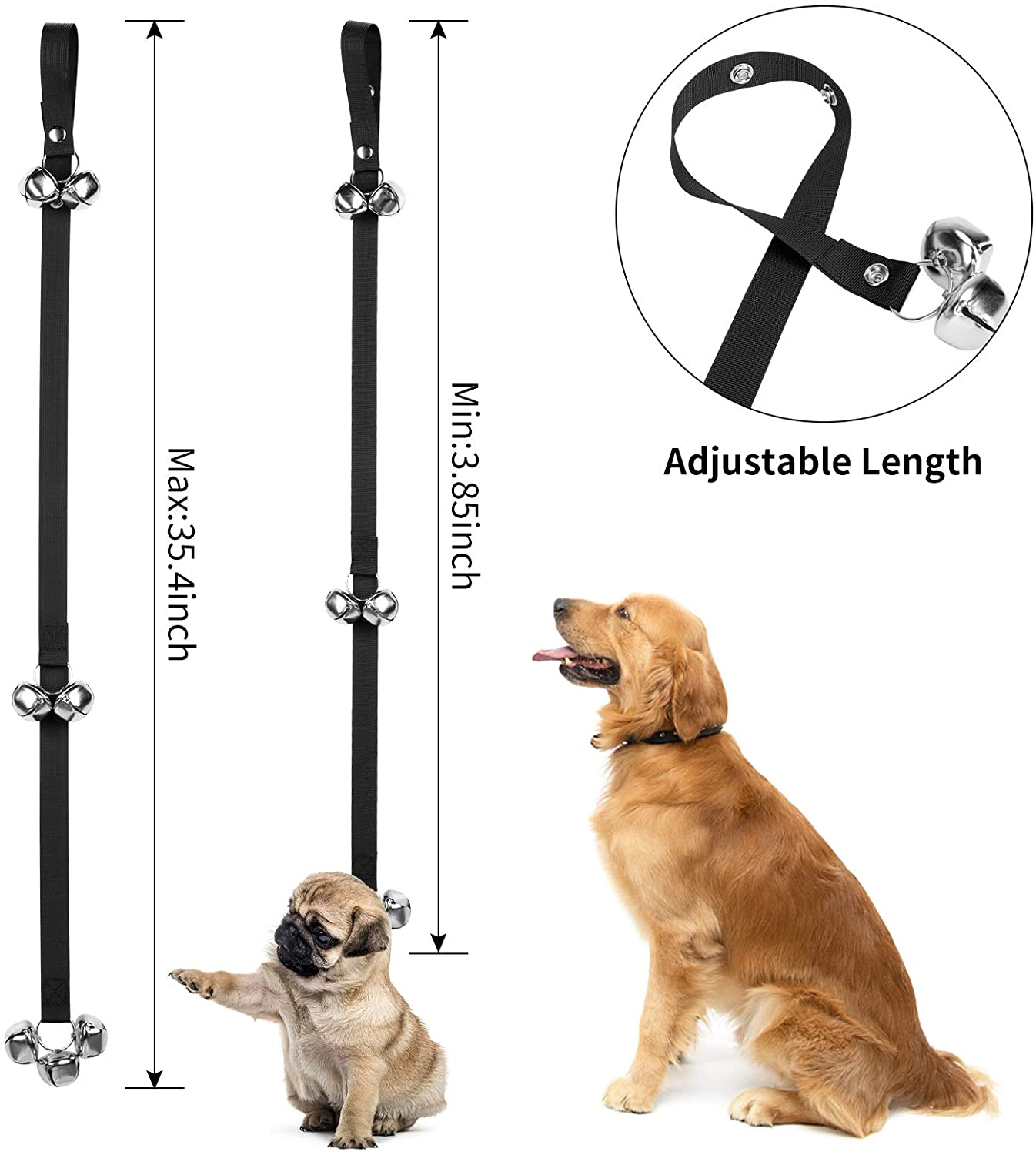 Dog Doorbell for Training, Adjustable Puppy Doorbells Premium Doggy Train Tools Pet Supplies with 7 Loud Doorbells & 3 Snaps for Small, Medium, Large Dogs Go Outside, Black