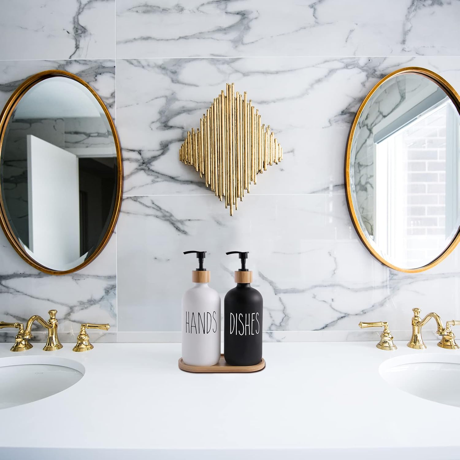 Soap Dispenser Glass 2-Set, 500Ml Shampoo Lotion Hand Soap Dispenser for Kitchen Worktop, Contains Wooden Tray and Pump Conditioner Dispenser- White+Black image number 2