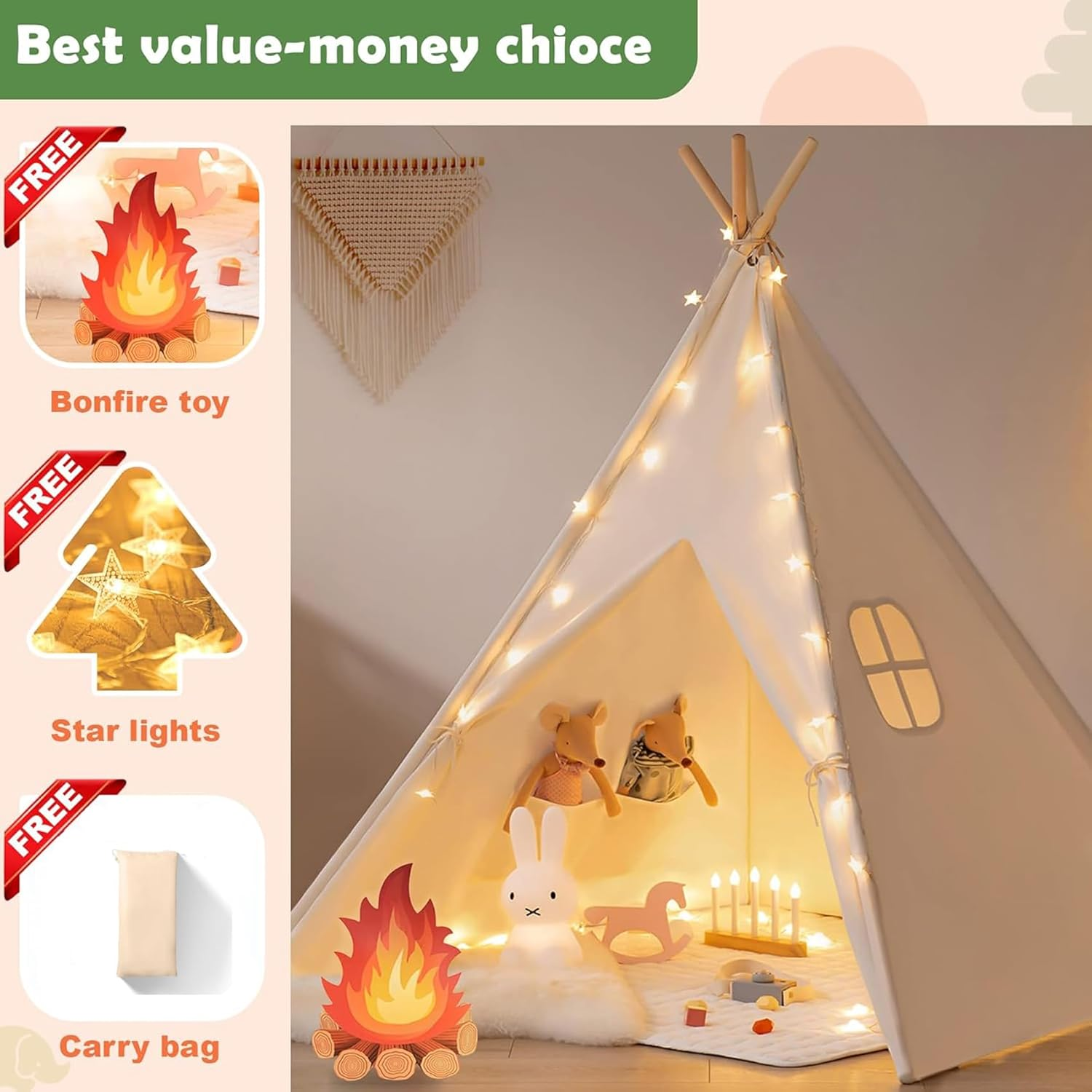 Teepee Tent for Kids, Foldable Toddler Teepee for Children Boys & Girls Indoor and Outdoor, 119 * 119 * 152Cm image number 3