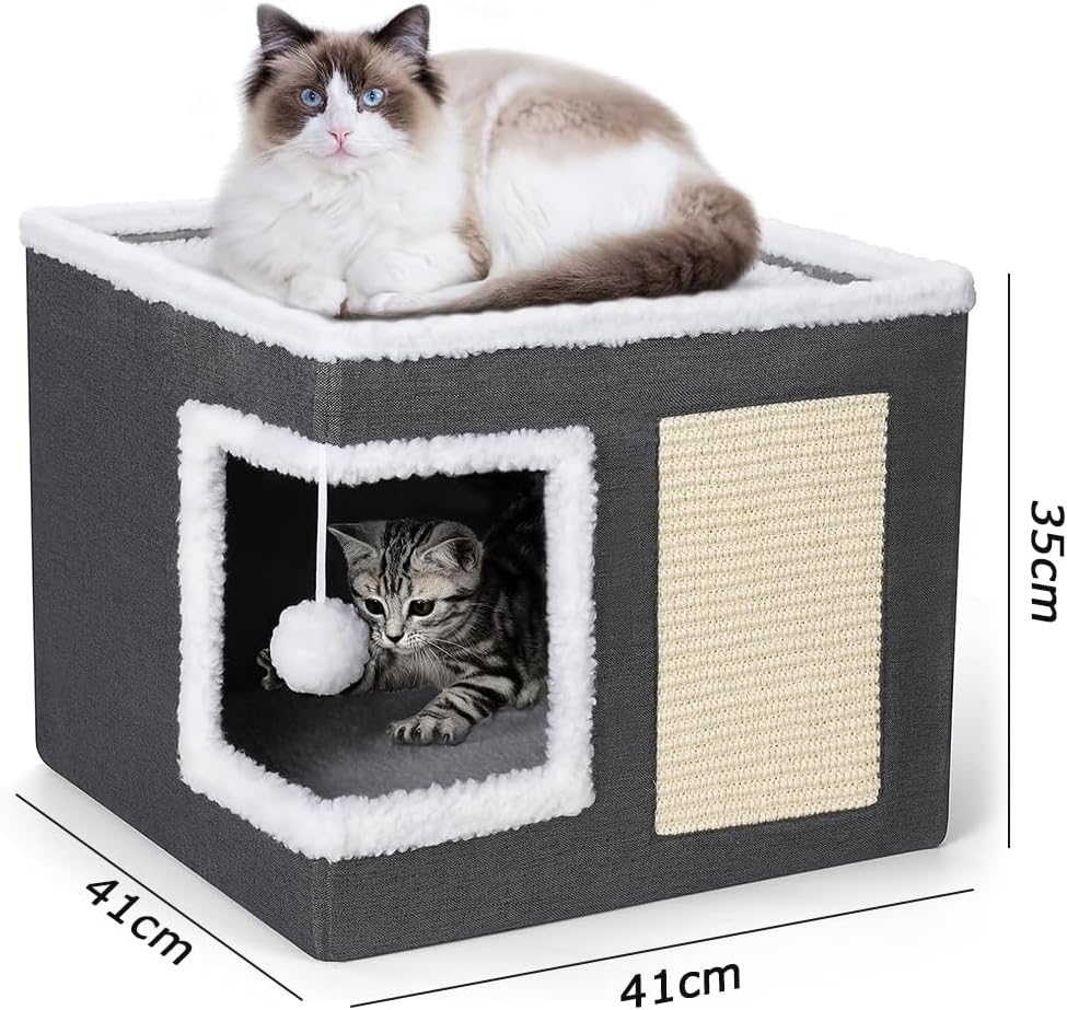 Double Layers Cat & Dog Bed with Removable Mattress, Plush Foldable Pet House, Large Covered Cat Beds Cave & Furniture, Stylish Modern Design for Home Apartment Kitten Kitty Small Pet (41X41X35Cm)