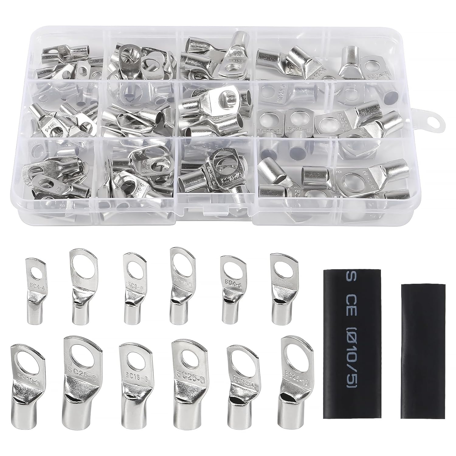 220PCS Copper Wire Lugs with Heat Shrink Set,100Pcs Tinned Battery Copper Cable Lugs Crimp Terminals Kits with 120Pcs Heat Shrink Tubing image number 5