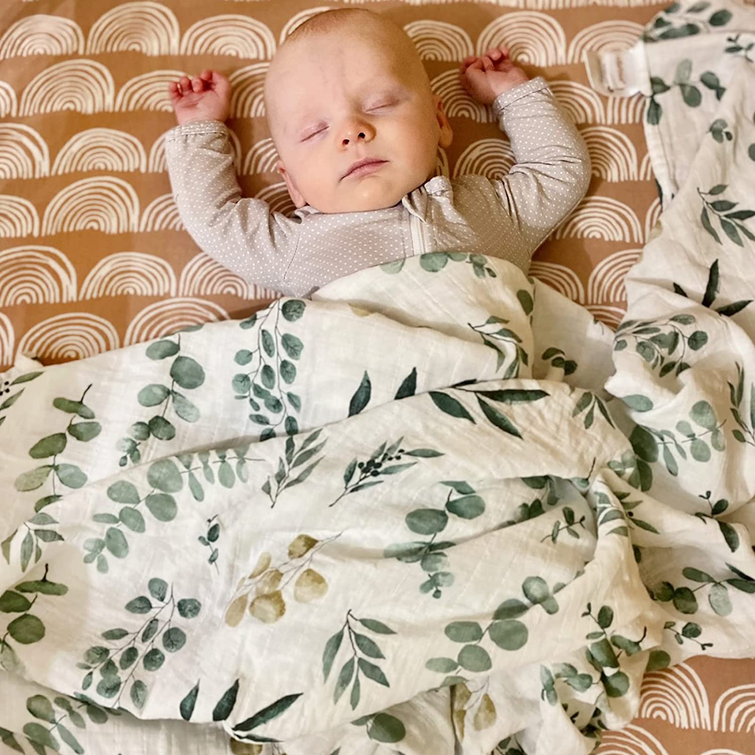 Lifetree Baby Swaddle Blankets, Muslin Wraps Unisex Newborn Receiving Blanket for Boys & Girls, 70% Viscose from Bamboo and 30% Cotton, Soft, Breathable, Large 120 X 120Cm Eucalyptus Pattern image number 5