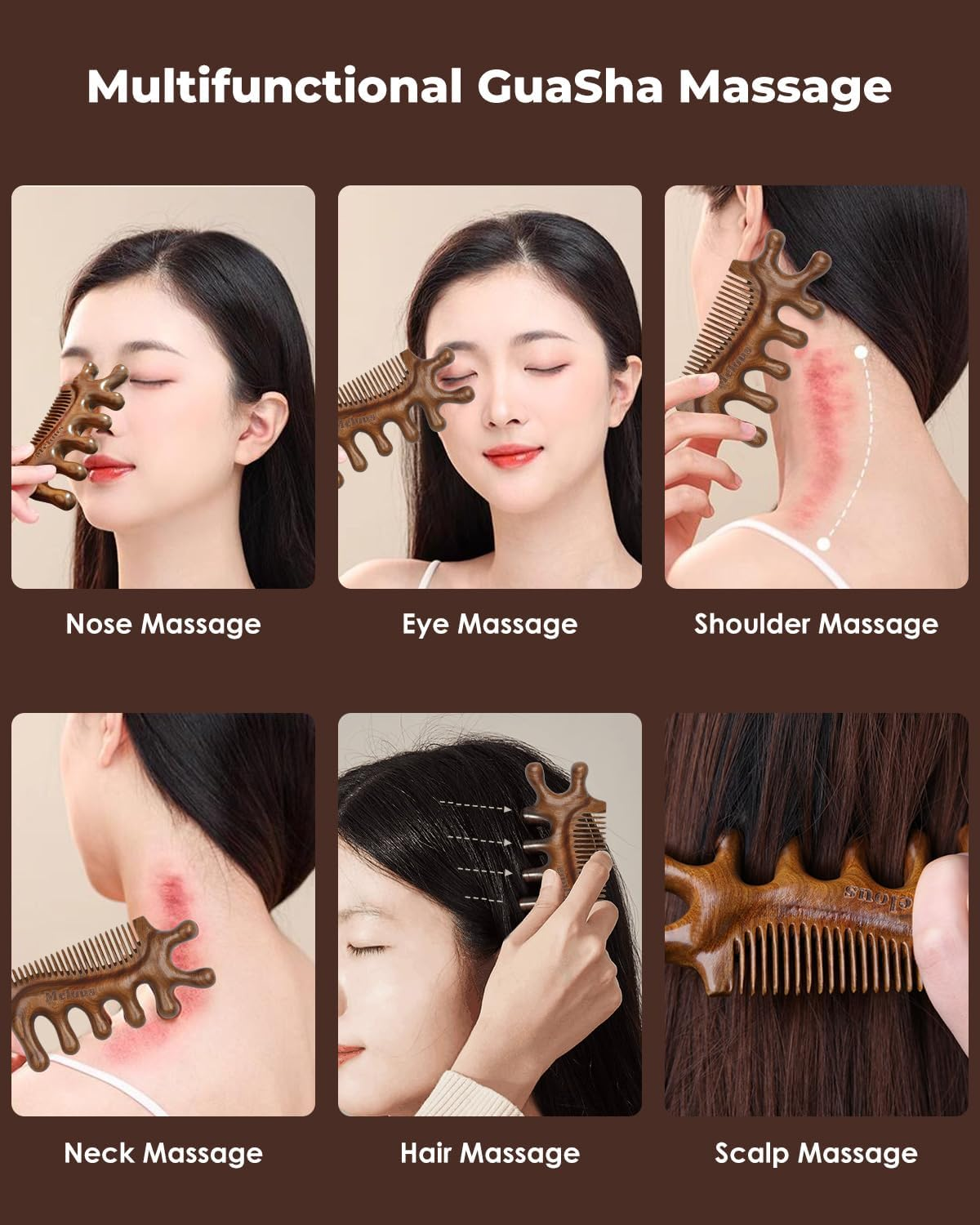 4 in 1 Sandalwood Gua Sha Massager, Scraping Massage Comb, Meridians Tool for Hair, Face, Eye Neck Body Massage