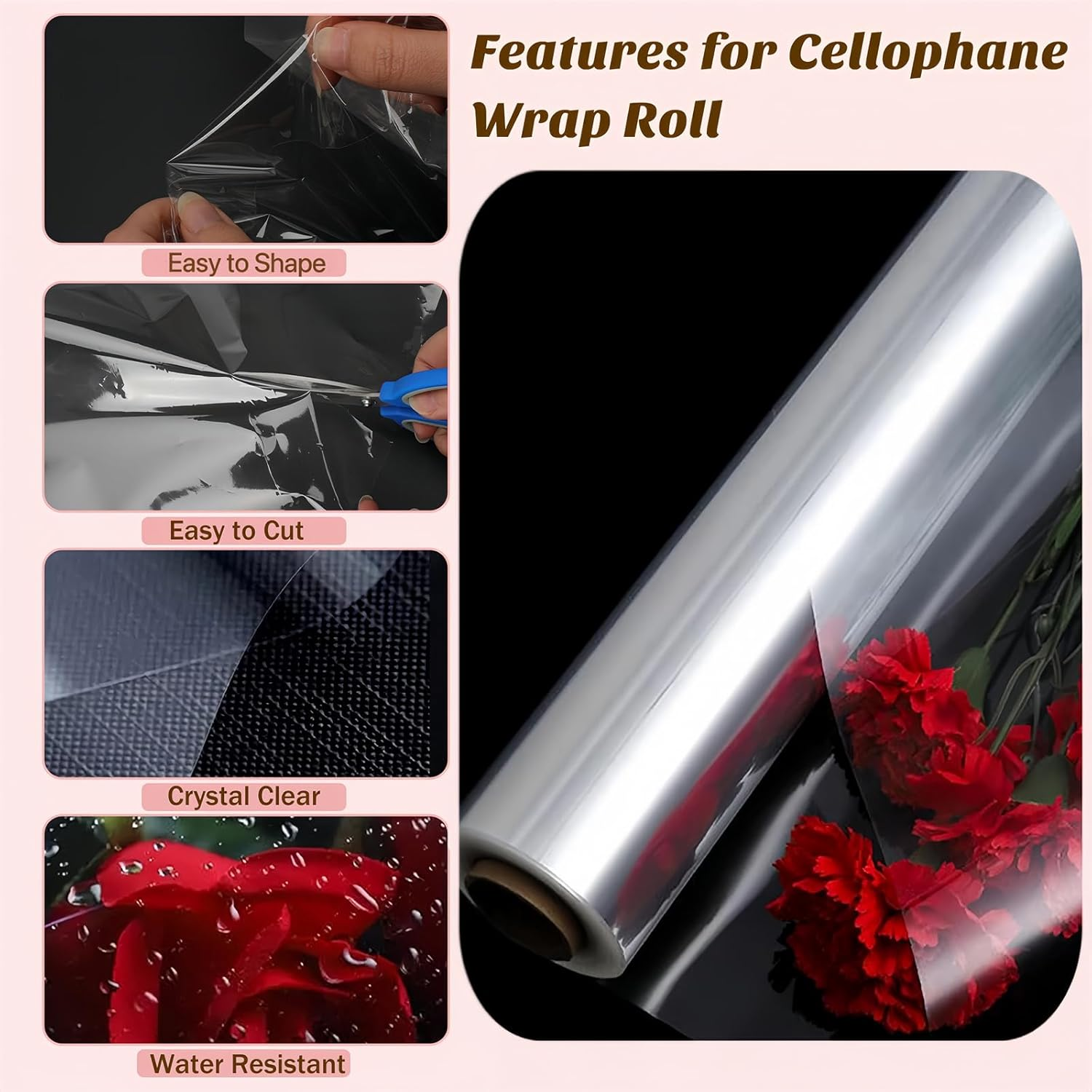 ZCOINS Clear Cellophane Wrap Rolls 40Cm X 30M (1.3Ft X 98.5Ft) and Shiny Pull Bows Packaging Sets, 2.5 Mil Transparent Crystal Clear Cellophane Wrapping Paper for Hampers, Gifts, Toys, Arts & Crafts, Florist Flowers, Treats Wrapping image number 1