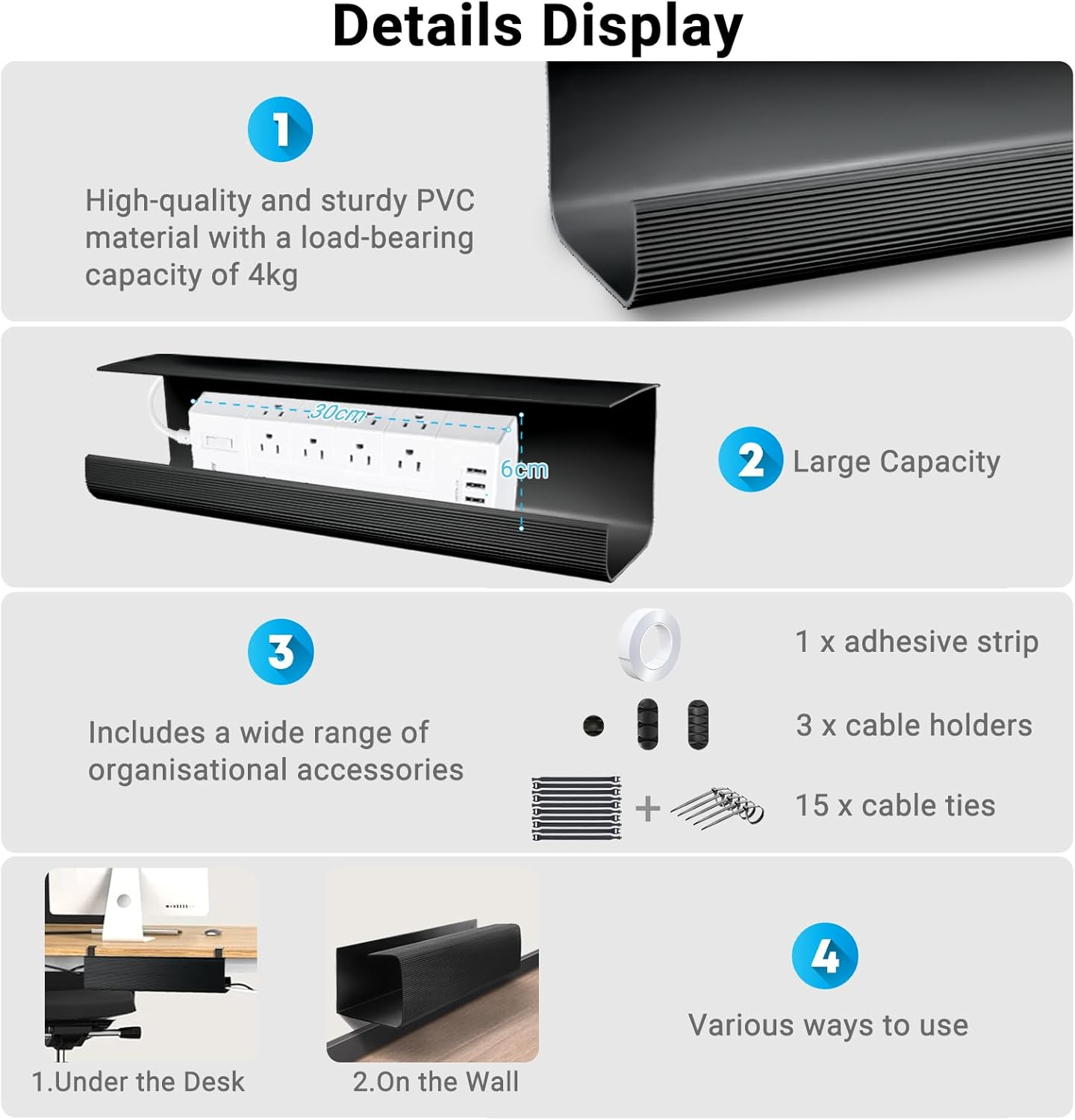 Ixtra under Desk Cable Management Tray 2 Pack 40Cm No Drill PVC Cord Organizer Box Self-Adhesive Installation Wire Management Computer Cable Hider for Standing Desk Office & Home-Black