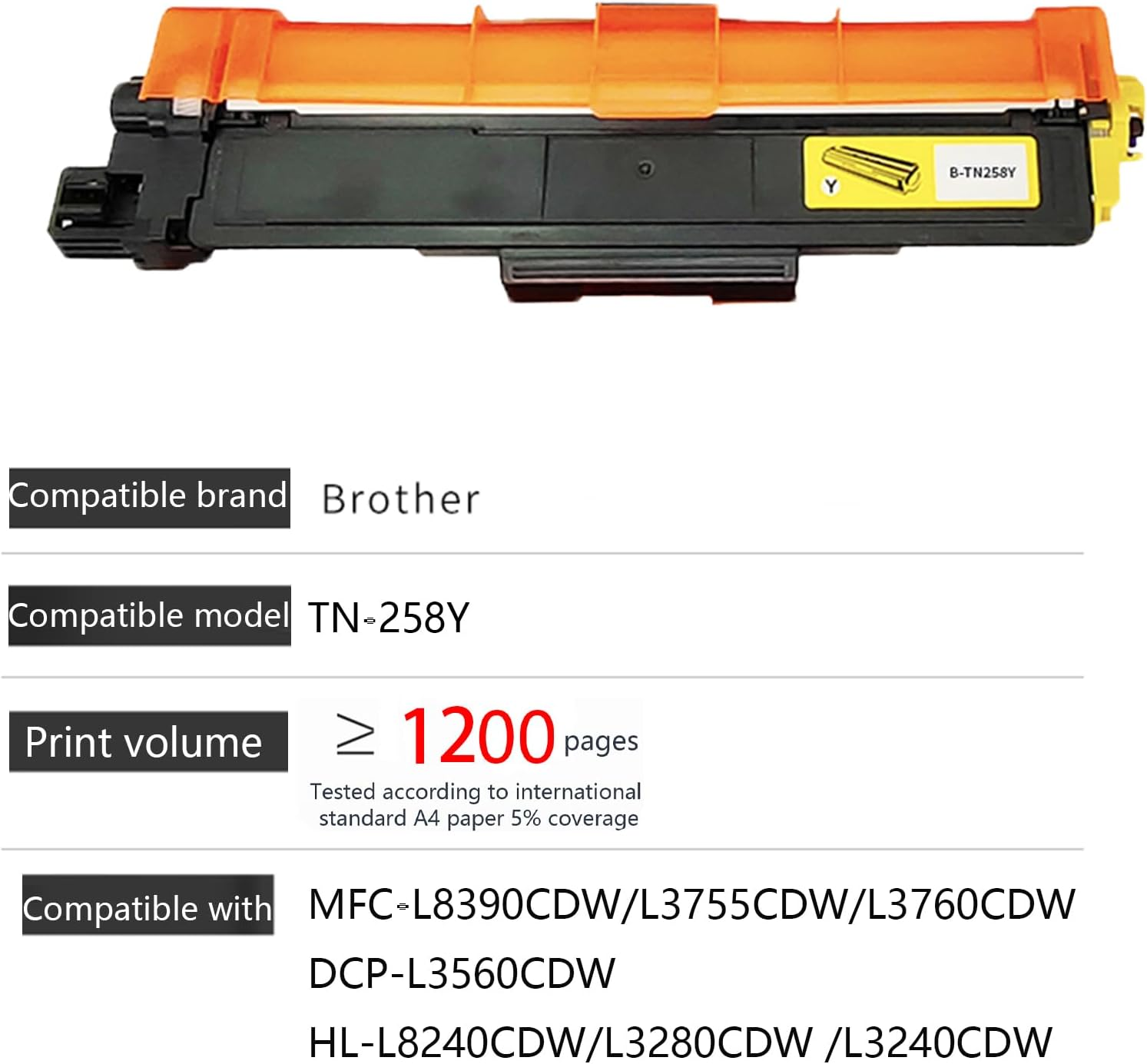 JOJOBE Planet TN-258Y Compatible Toner Cartridge with Brother MFC-L8390CDW L3755CDW L3760CDW L8240CDW HL-L3280CDW L3240CDW DCP-L3520CDW L3560CDW , 1200 Pages per Cartridge Yellow image number 1