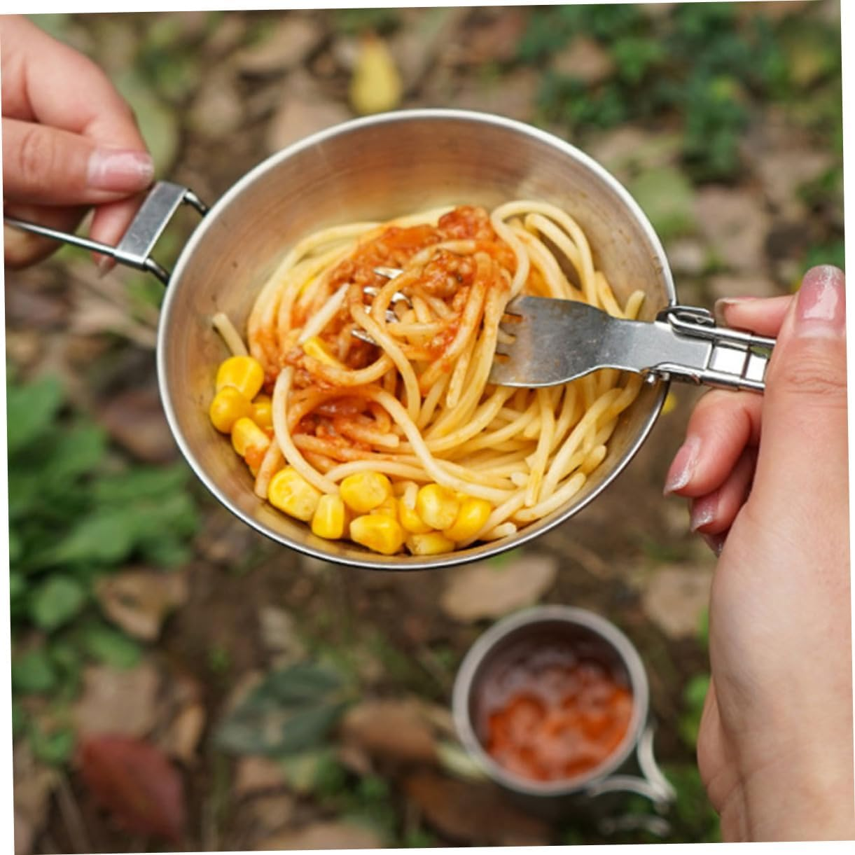 Outdoor Barbecue Bowl Stainless Steel Foldable Camping Bowl 550Ml Large Capacity with Handle Picnic Cookware for Outdoor Cooking and BBQ