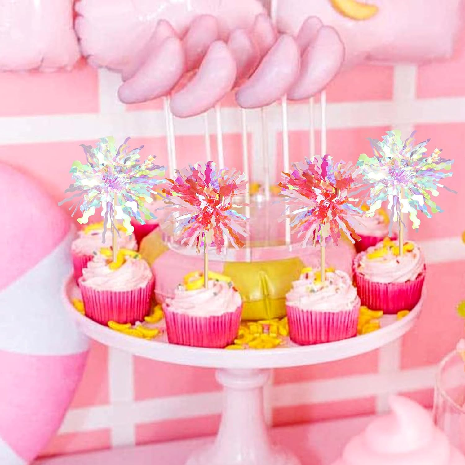 20 Pack Foil Firework Cupcake Toppers Party Birthday Cake Toppers Supplies Sparkle Tinsel Cocktail Fruit Toothpick for Birthday Wedding Graduation Party White+Pink - Black Orange image number 3