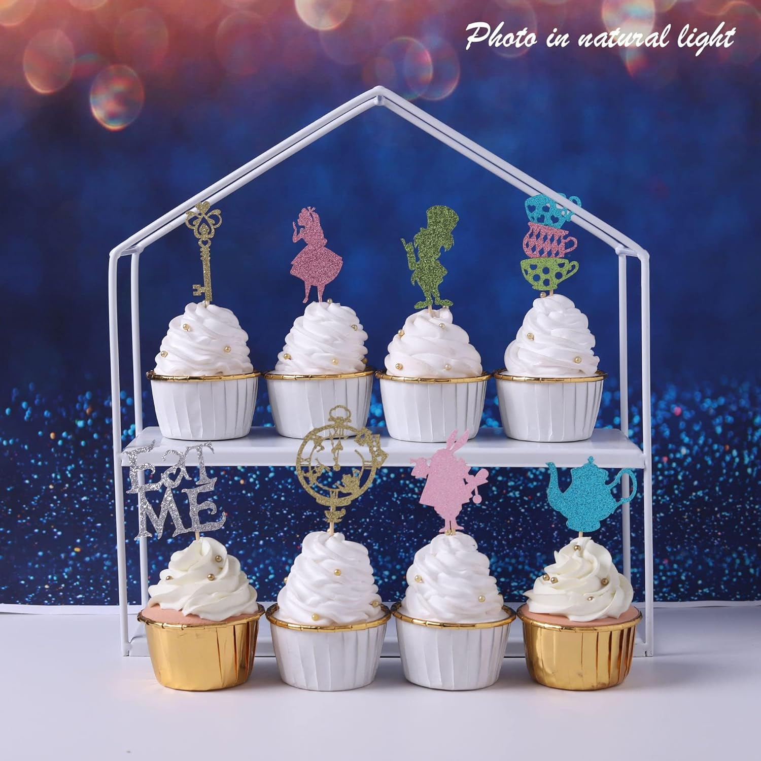 24 Pack Alice in Wonderland Cupcake Toppers Glitter Bowl Key Clock Fairy Eat Me Cupcake Picks Tea Party Cake Decorations for Baby Shower Kids Boys Girls Birthday Party Decoration Supplies