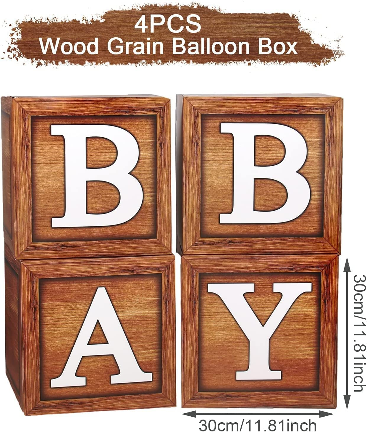 Baby Shower Boxes for Birthday Party Decorations - 4 Wood Grain Brown Blocks with BABY Letter, Printed Letters,First Birthday Centerpiece Decor, Teddy Bear Baby Shower Supplies, Gender Reveal Backdrop
