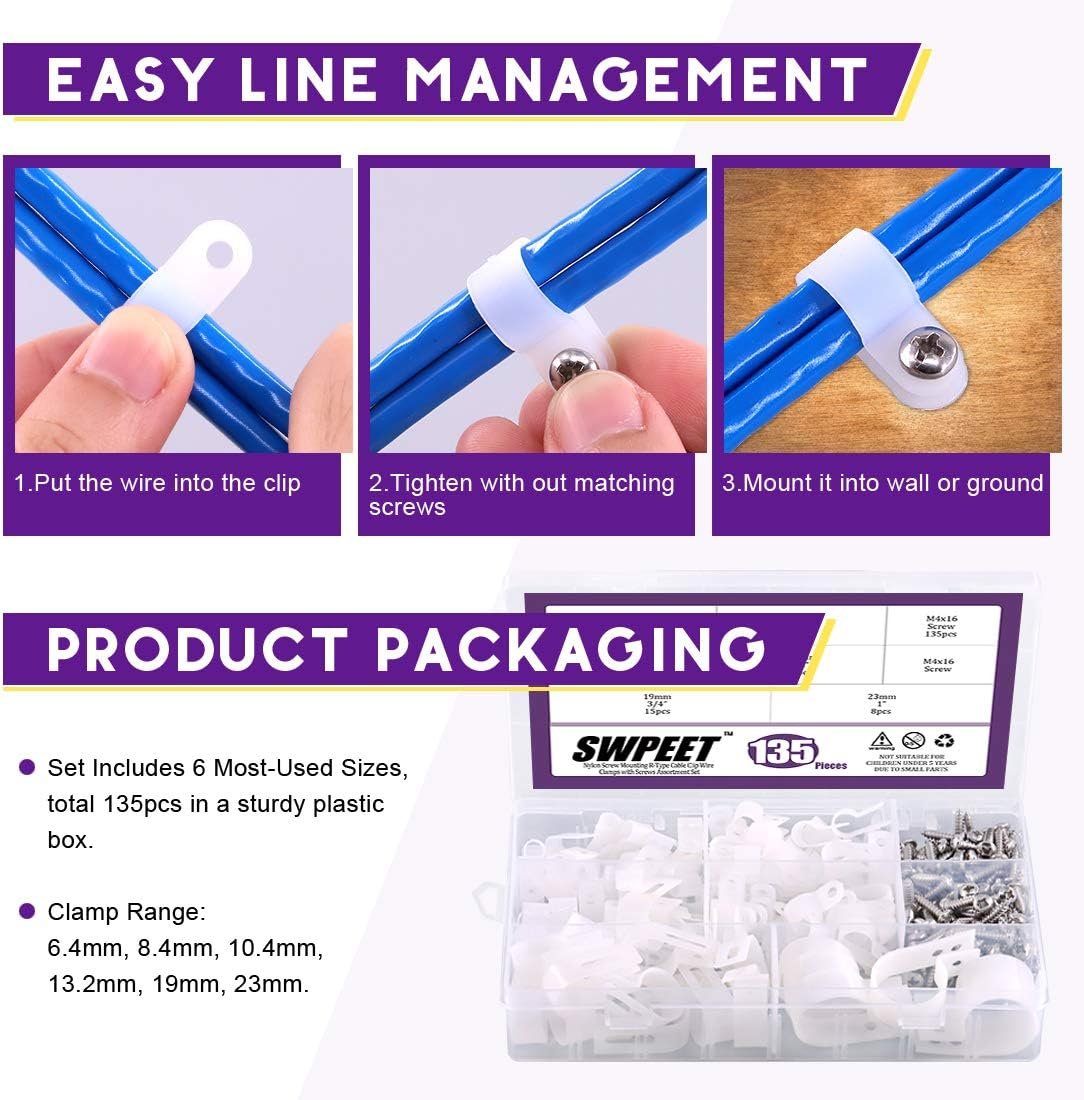 Swpeet 135 Pack 6 Sizes White Nylon Plastic R-Type Cable Clips Clamp Assortment Kit, 1/4" 5/16" 3/8" 1/2" 3/4" 1" Nylon Screw Mounting Cord Fastener Clips with 135 Pack Screws for Wire Management - White image number 2