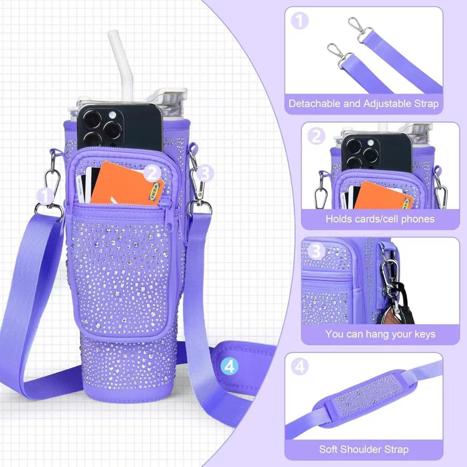 Bling Water Bottle Carrier Bag with Phone Pocket for Stanley Cup 40 Oz, Neoprene Water Bottle Holder Pouch with Adjustable Strap for Stanley Cup Accessories (Black) image number 1