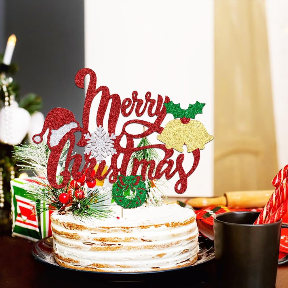 Merry Christmas Cake Toppers Glitter Christmas Eve Xmas Cupcake Picks for Celebrating Merry Christmas Theme New Year Holiday Party Cake Decorations Supplies ﻿ (Merry Christmas （Small Bell）) image number 5