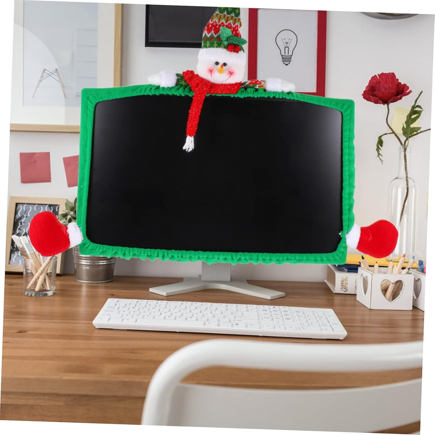 Amosfun 2Pcs Cartoon Christmas Computer Monitor Cover Three Dimensional Case for Monitor Cover for Xmas Display Decoration image number 3