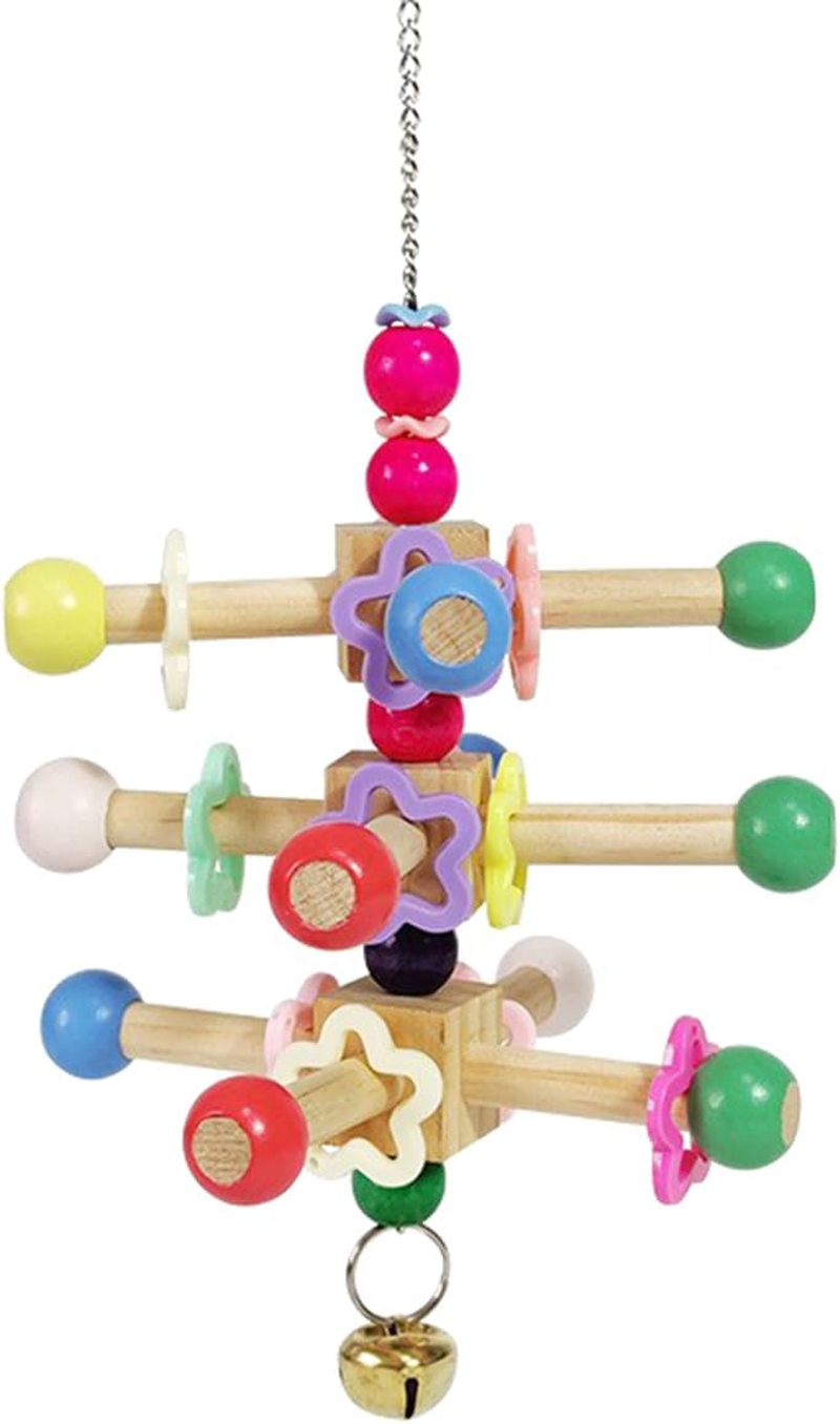 Bird Wooden Stand Perch Toys, Interactive Rotatable Parrot Chewing Toys with Bead Colorful Bell for Birds Parakeet Climb and Play image number 2