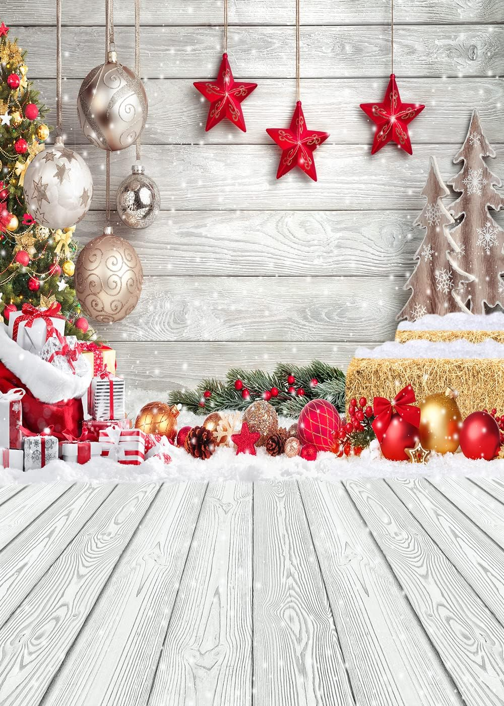 Capisco Christmas Photography Backdrop White Wood Floor Backdrop Winter Snow Xmas Tree Balls Gift Family Festive New Year Photo Background Party Banner Supplies Decoration Backdrops 6X8Ft SCO456B