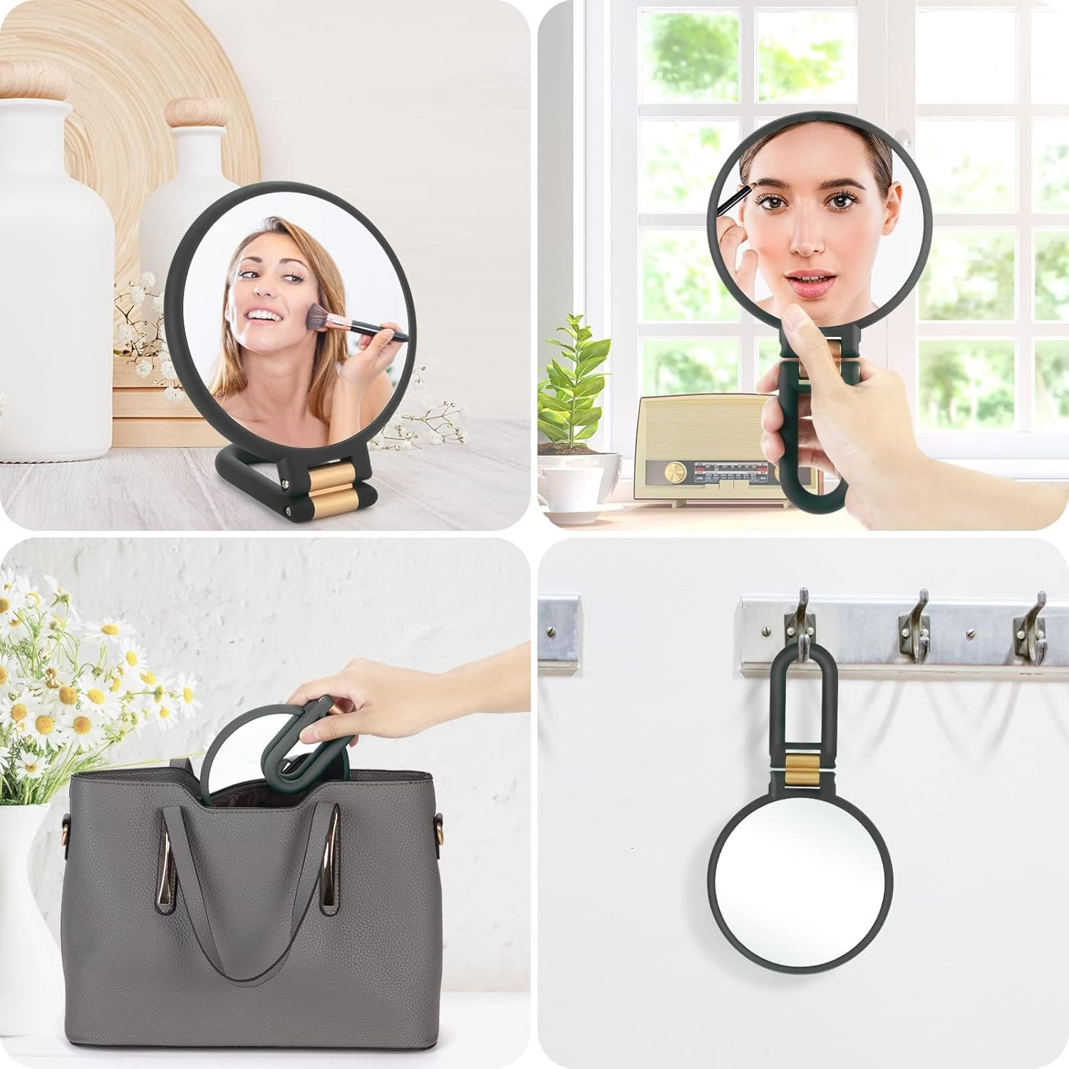 Magnifying Travel Mirror, Hand Mirror with Handle - Double Side Hand Held Mirror with 1X 30X Magnification & Foldable Handle, XICEN Portable Travel Makeup Hand Mirror for Women (Black) image number 5
